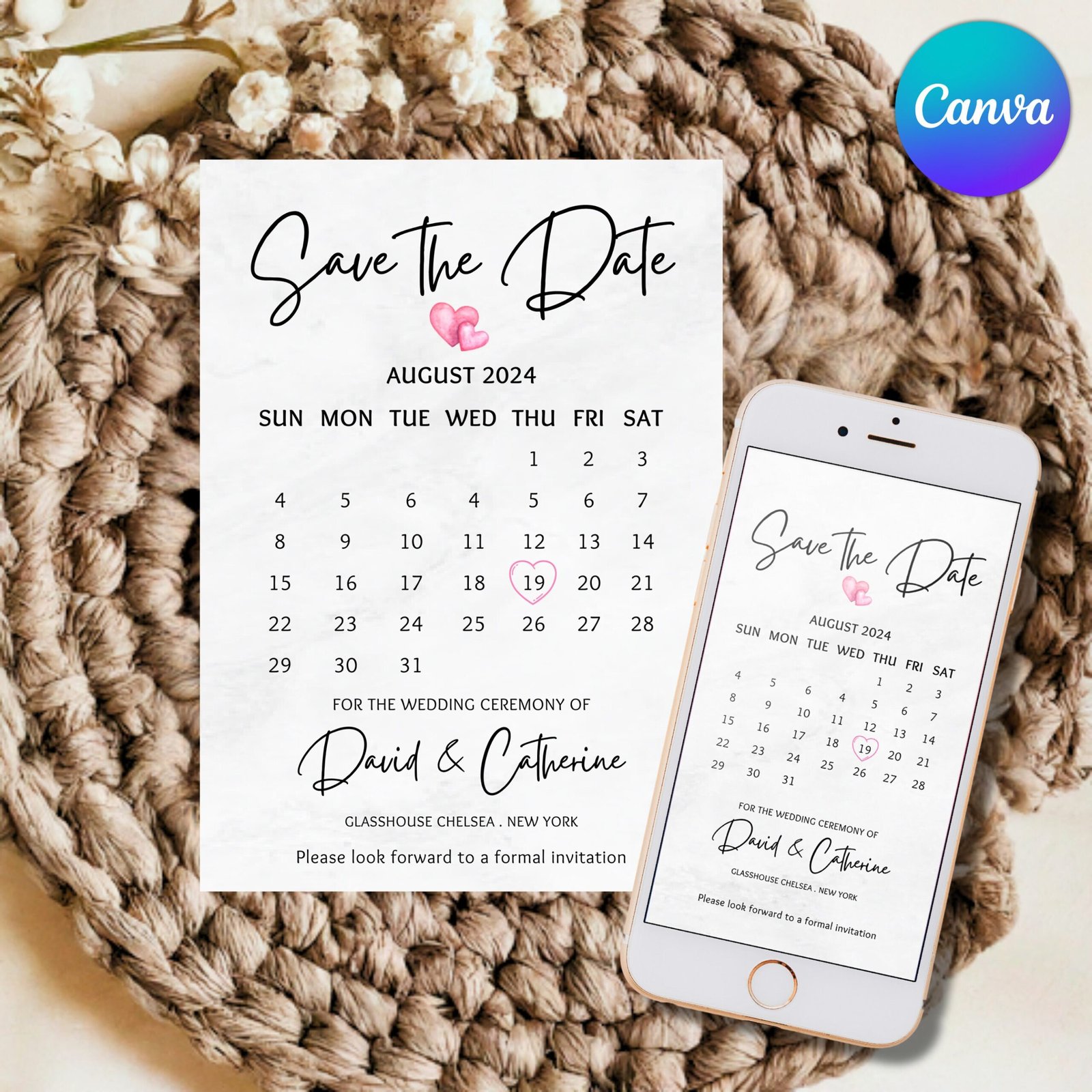 Electronic save the date calendar, simple digital invitation, modern save the date calendar digital download, canva editable template