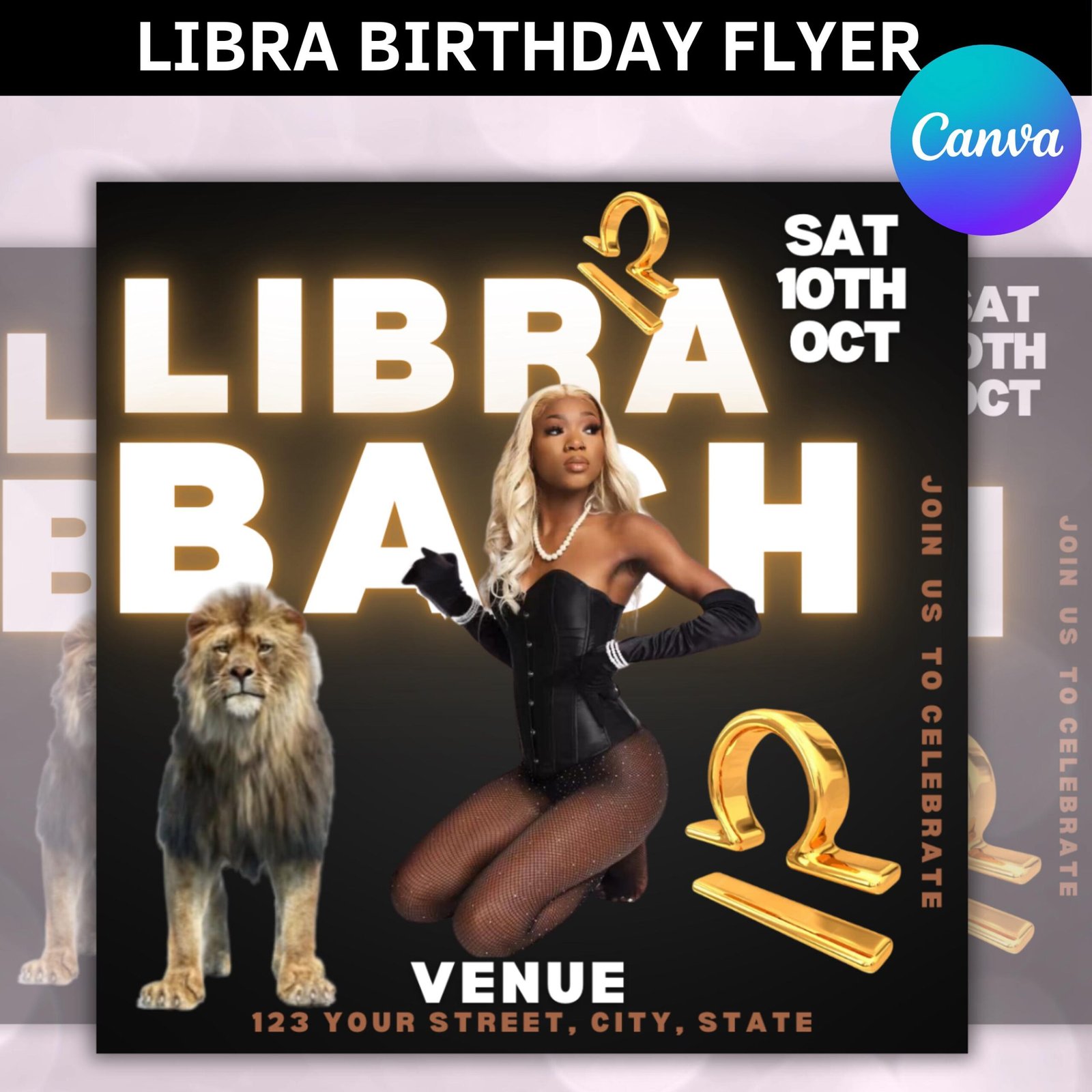 Animated libra birthday flyer, birthday template, libra birthday flyer, gold and black flyer,motion flyer, libra bash flyer animated flyer