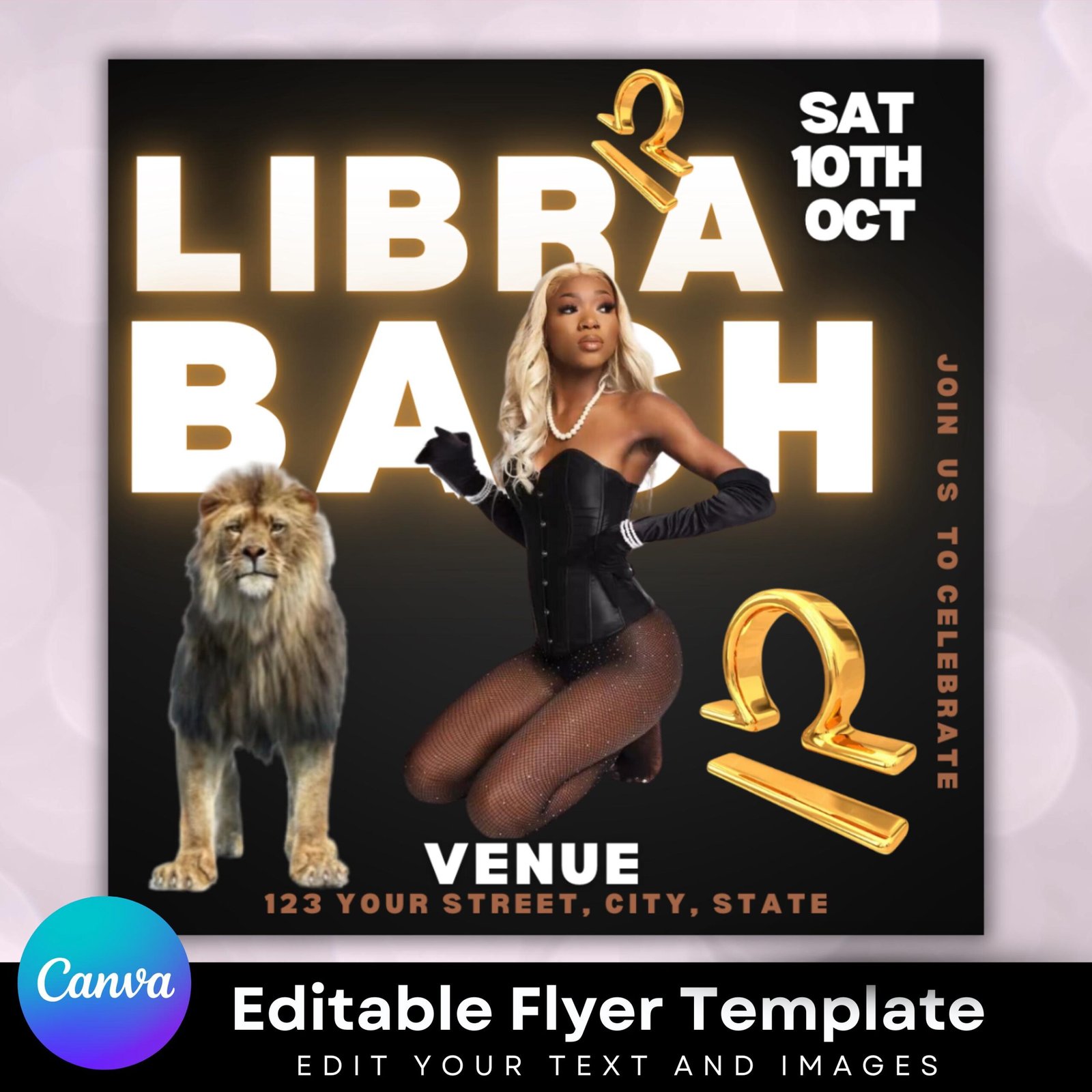 Animated libra birthday flyer, birthday template, libra birthday flyer, gold and black flyer,motion flyer, libra bash flyer animated flyer