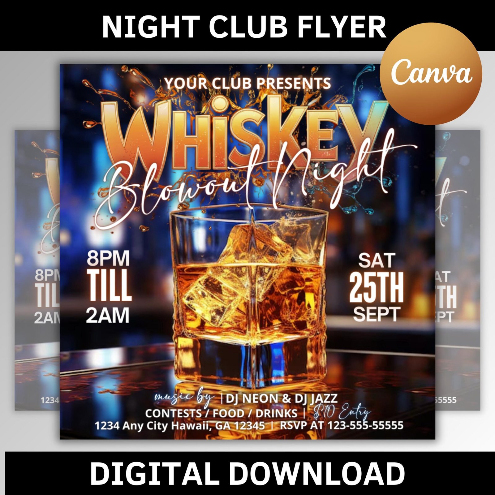 Whiskey Party Flyer, Night Club Flyer, DJ Party Invitation, Drink Party Flyer, Saturday party, Canva Editable Template, Instant Download
