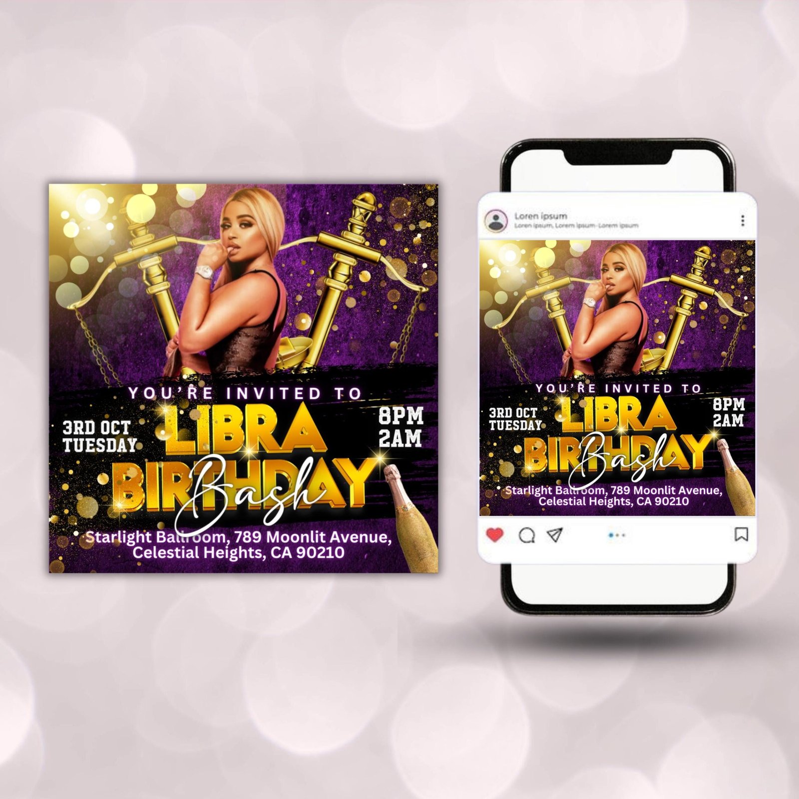 Editable Libra Birthday Flyer, Birthday Template, Birthday Girl, Gold and Purple Birthday Flyer, Libra Season, Party Flyer,Celebration Flyer - Image 2