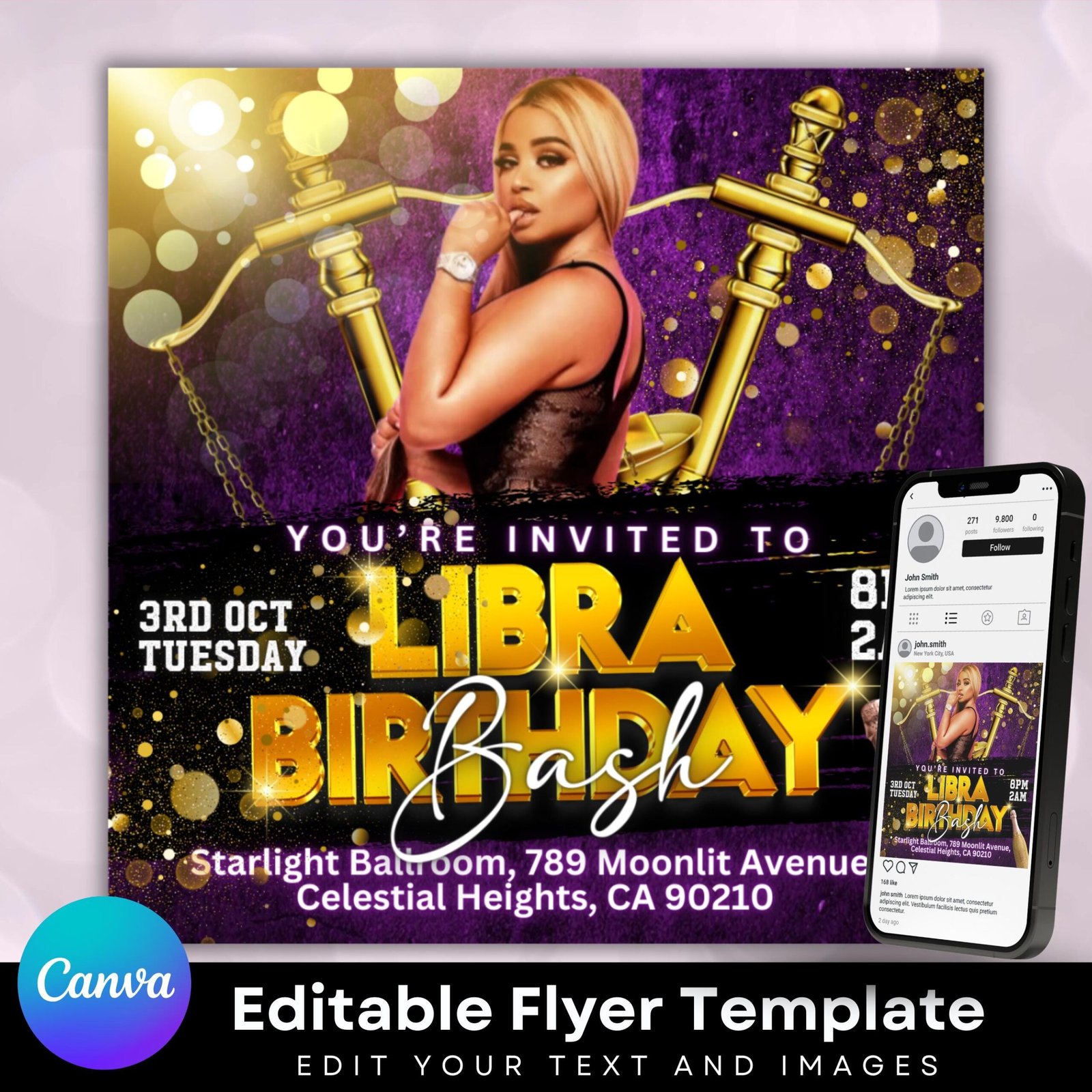 Editable Libra Birthday Flyer, Birthday Template, Birthday Girl, Gold and Purple Birthday Flyer, Libra Season, Party Flyer,Celebration Flyer