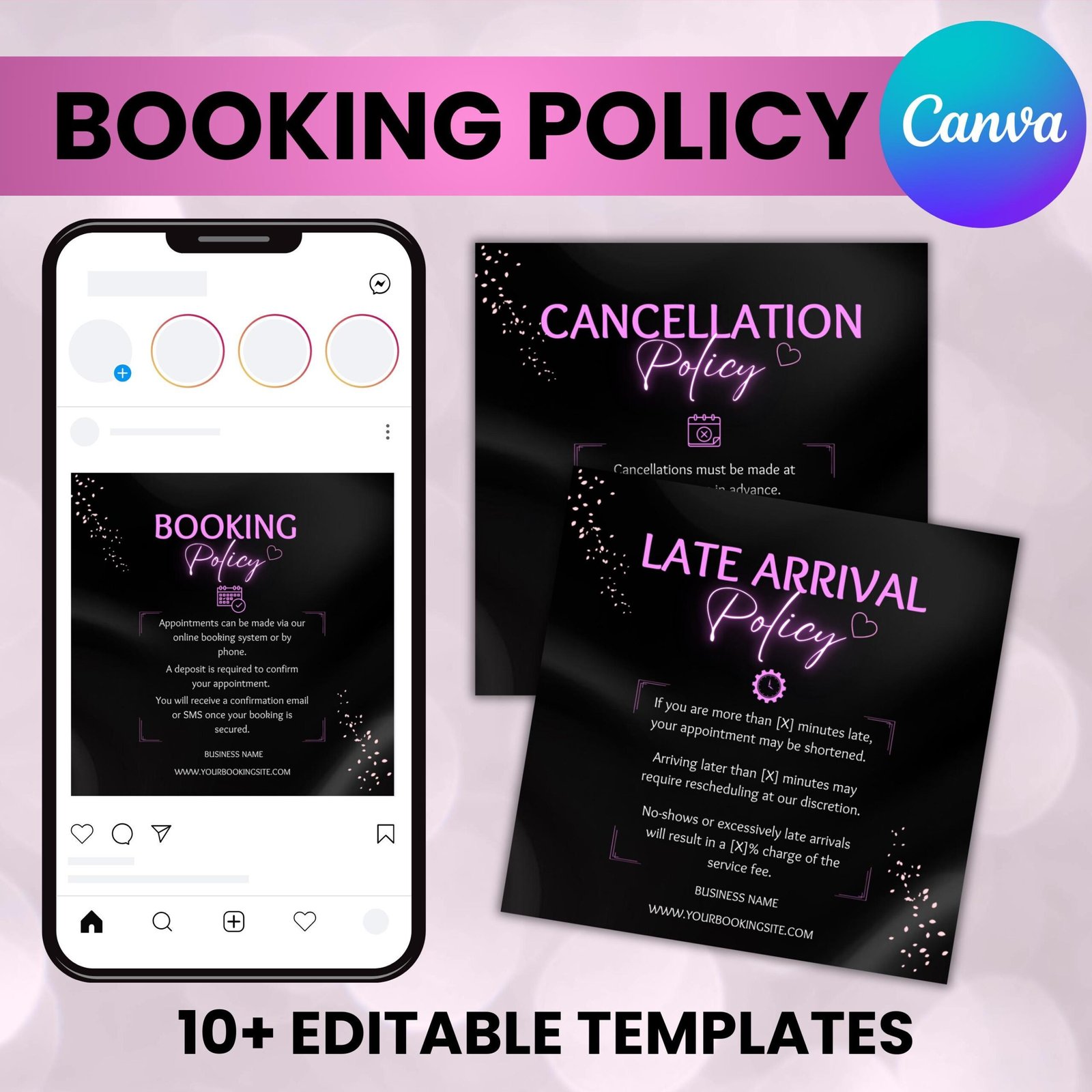 10+ booking policy templates, editable booking policies for instagram story, canva booking policy for lash, nail, hair, cancellation policy