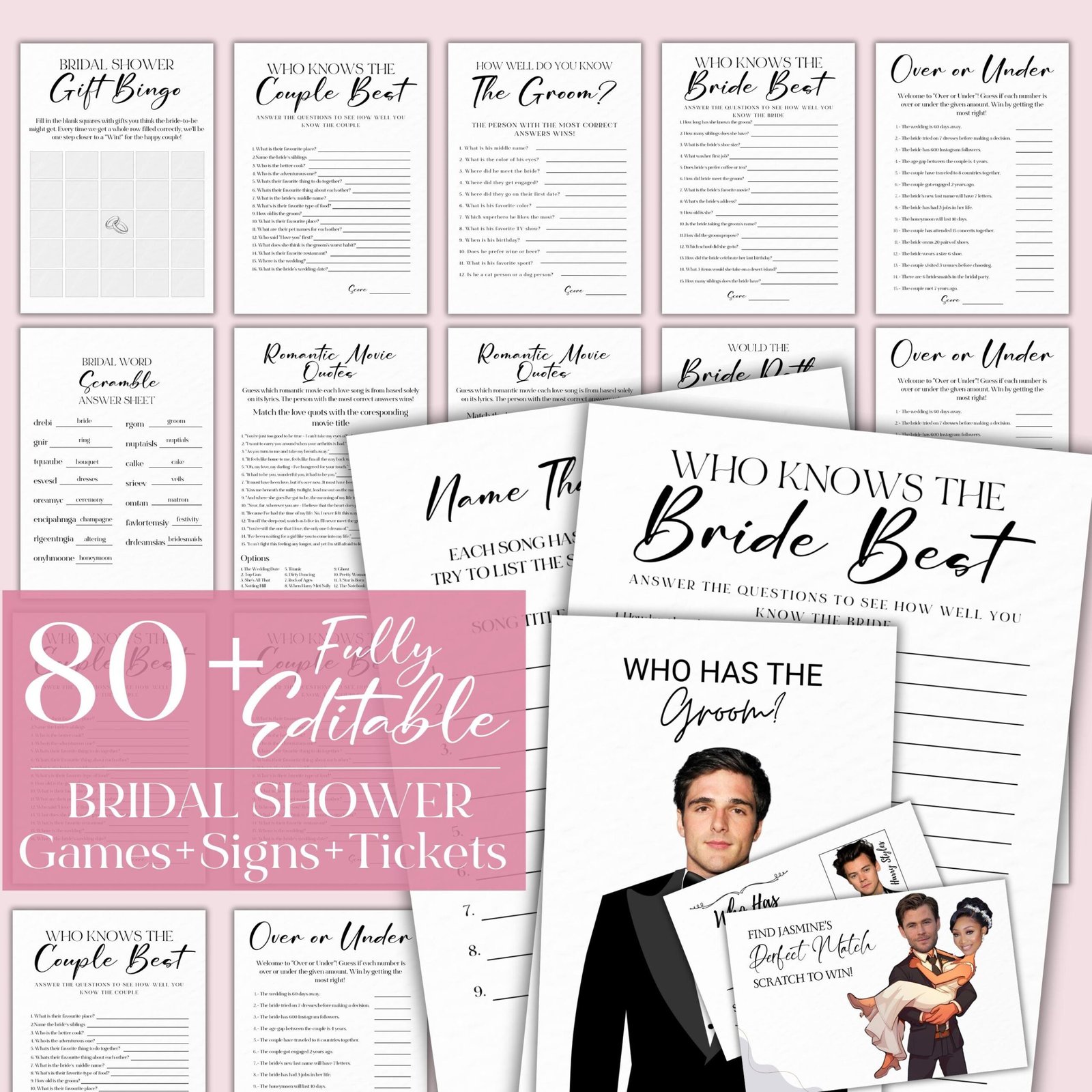 90+ bridal shower games canva, modern bridal shower games bundle, bachelorette party games, wedding shower games fully editable