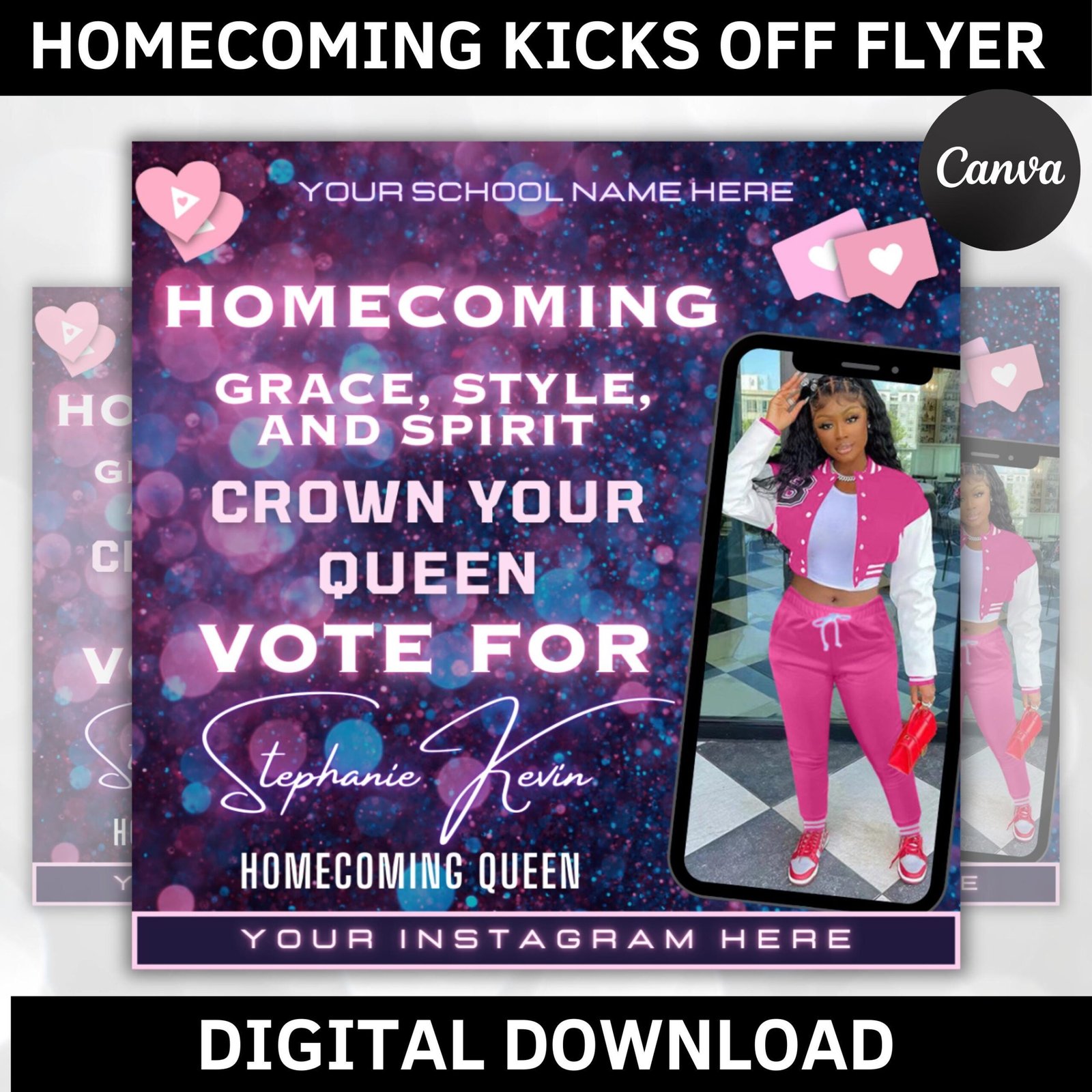 Homecoming pop the vote flyer| homecoming flyer, homecoming kicks off at 7pm vote for me only diy voting campaign editable canva template