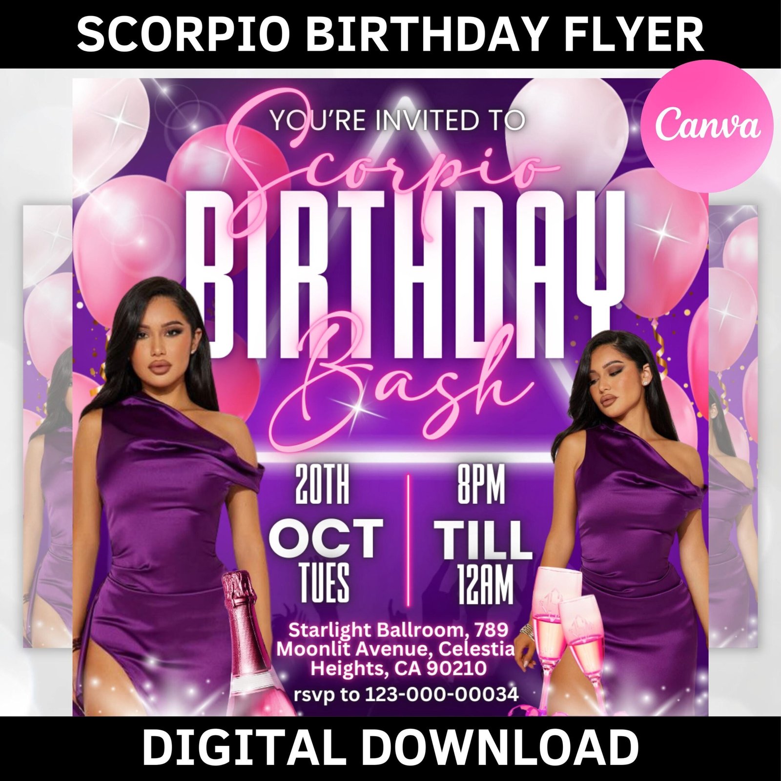 Scorpio birthday flyer, birthday template, birthday girl, party flyer, celebration flyer, birthday event, birthday invite, canva flyer