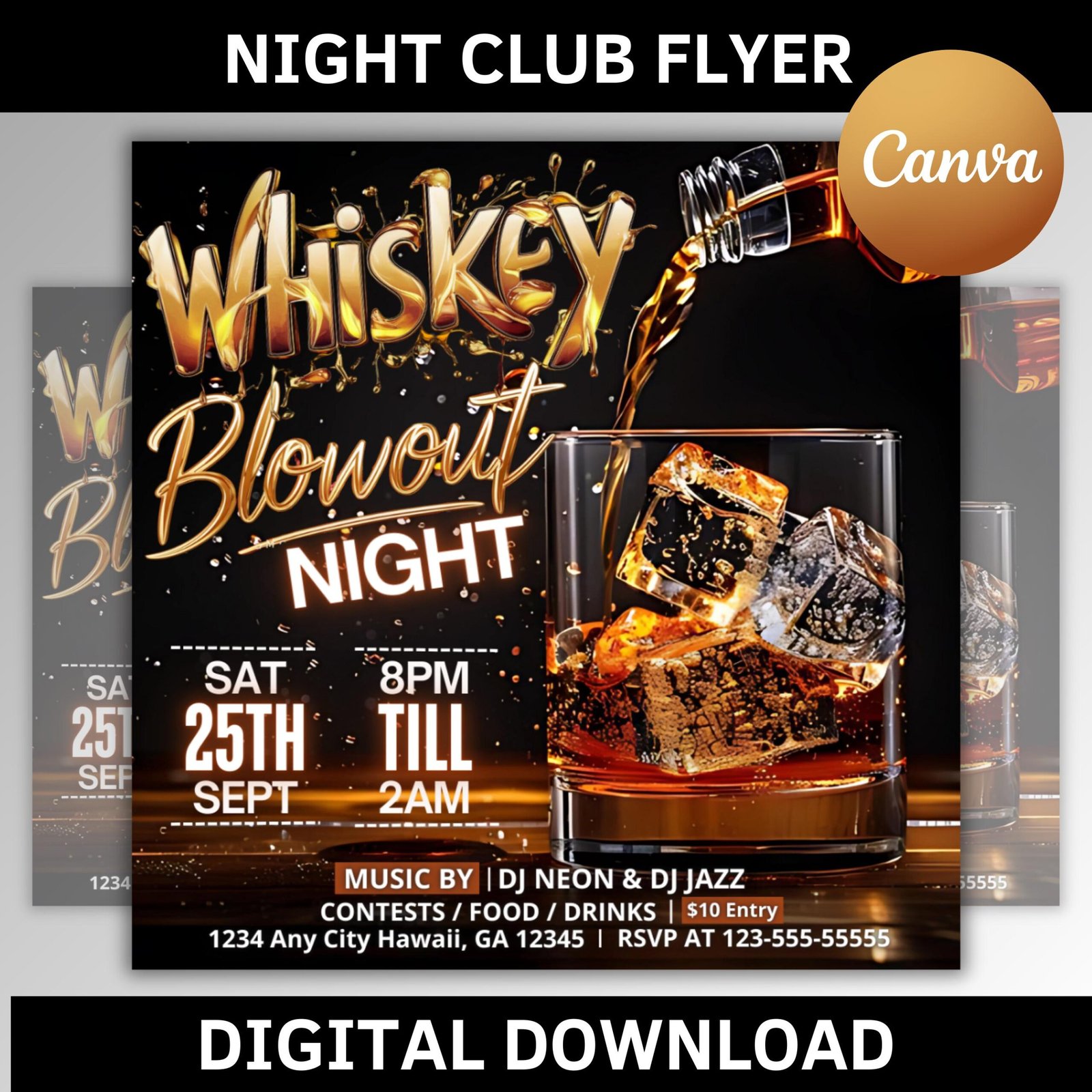 Whiskey Party Flyer, Night Club Flyer, DJ Party Invitation, Drink Party Flyer, Saturday party, Canva Editable Template, Instant Download