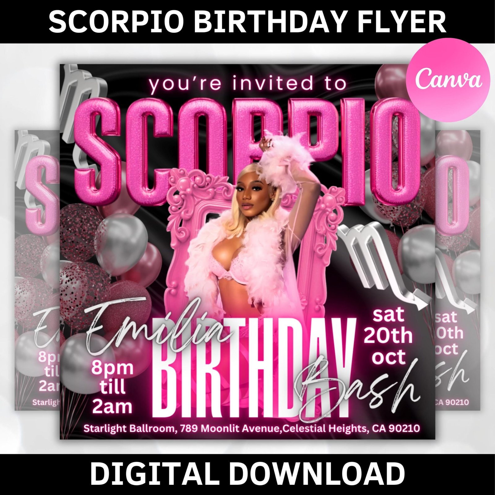 Editable Scorpio Birthday Flyer, Birthday Template, Birthday Girl, Pink Birthday Flyer, Scorpio Season, Party Flyer, Celebration Flyer