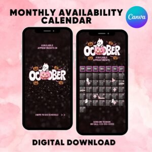 October Availability Calendar, Instagram Story Calendar, Halloween October Hairs Nails, Canva Template, Appointments Available,