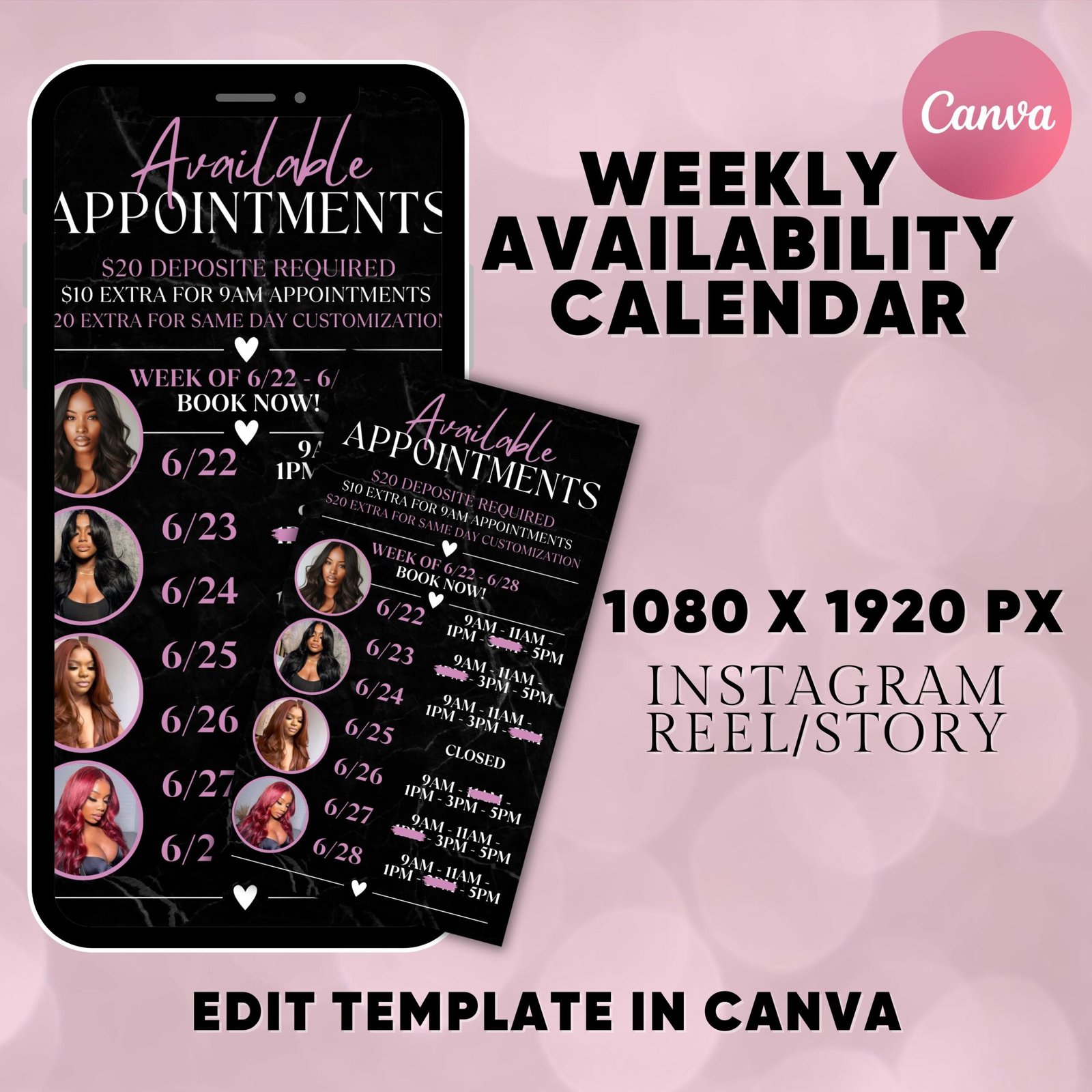 Hair weekly availability instagram story calendar,lash tech instagram template,nail tech appointment,2024 july august calendarcanva template