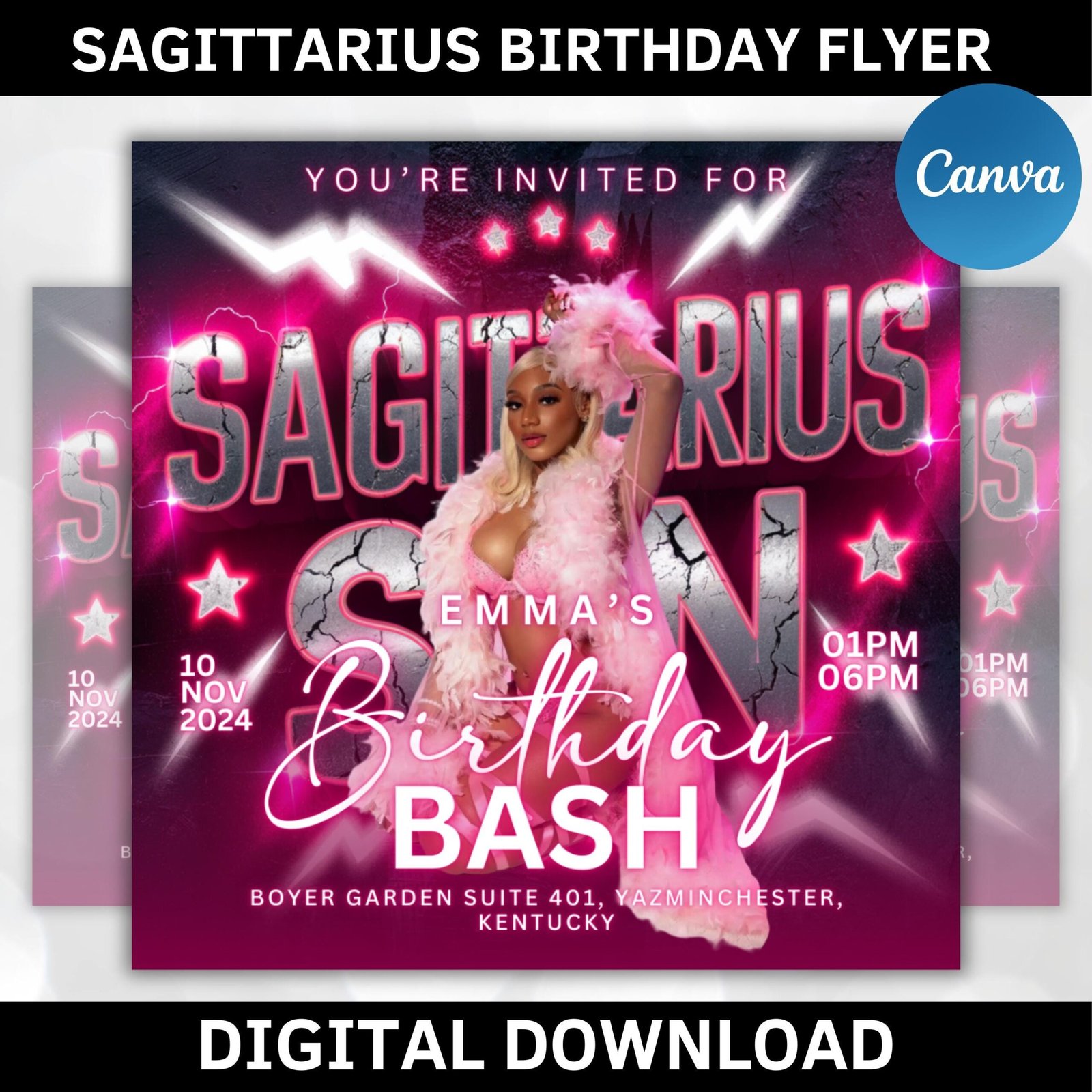 Sagittarius Birthday Flyer, Birthday Girl, Happy Birthday Flyer, Sagittarius Season, Sagittarius Party, Celebration Flyer, Canva Editable