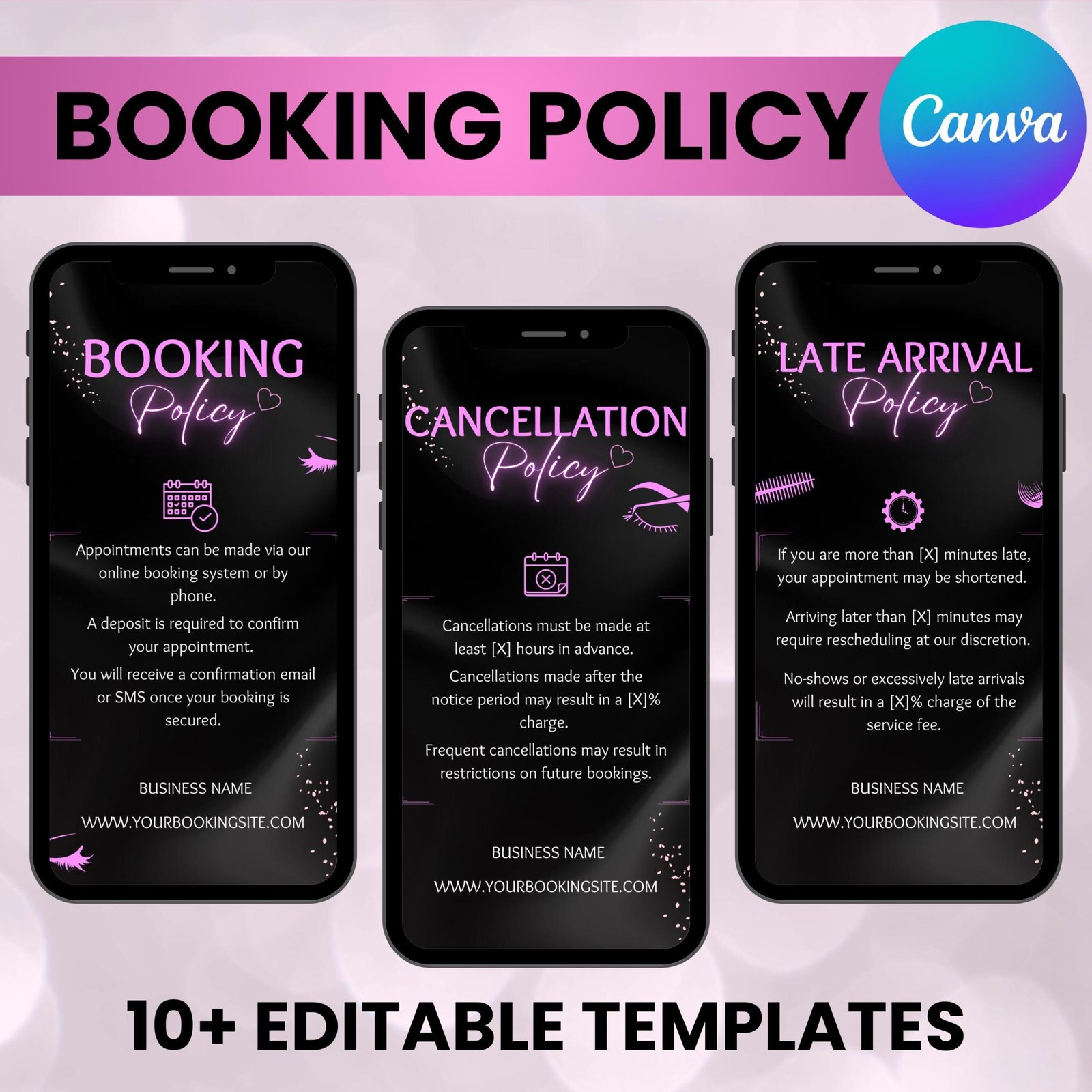 Lash tech booking policy instagram template terms and conditionstemplate, payment refund cancellation policy, booking policy canva template