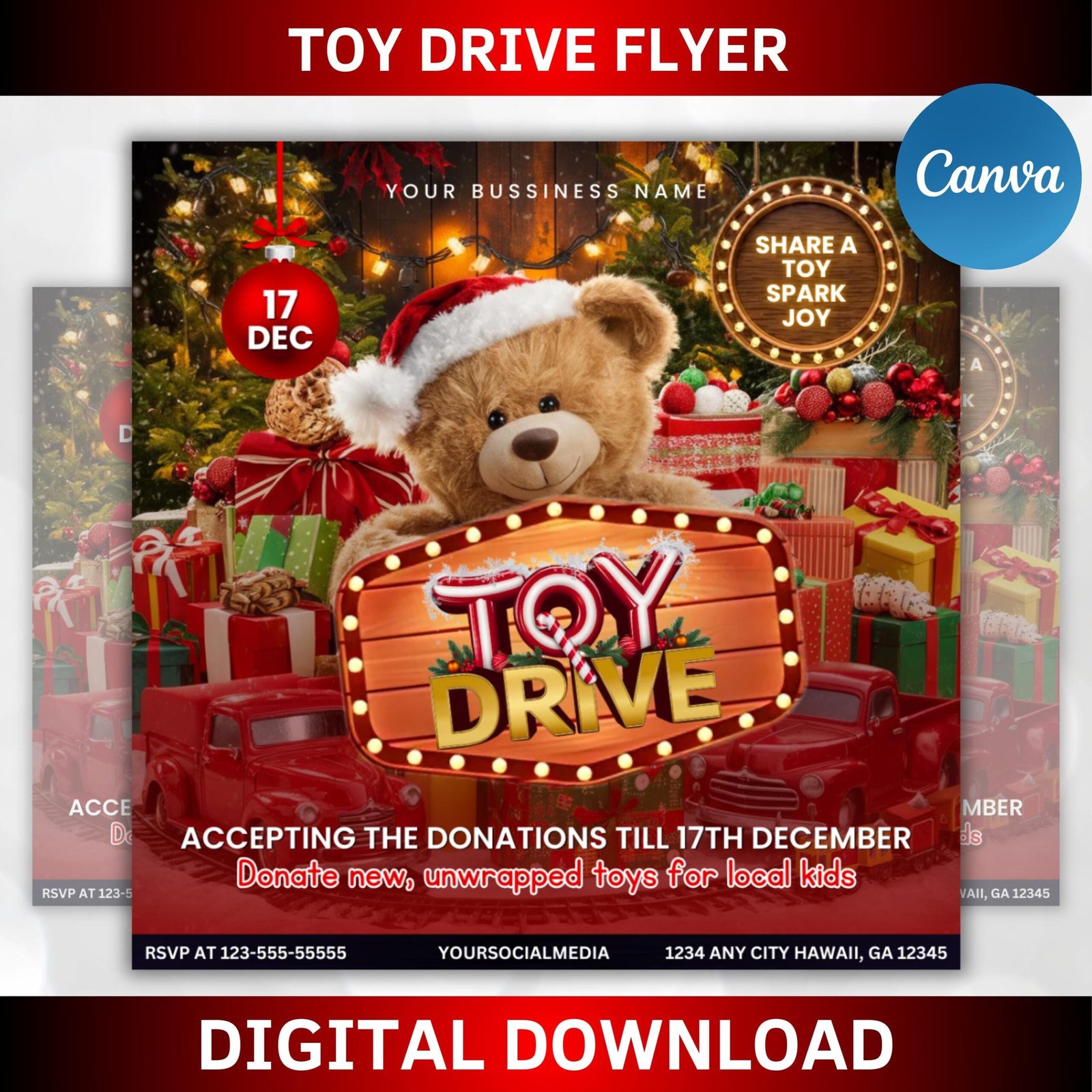 Christmas toy drive flyer canva template, christmas party flyer, toy drive template, food drive flyer, toy drive flyer, diy toy party flyer