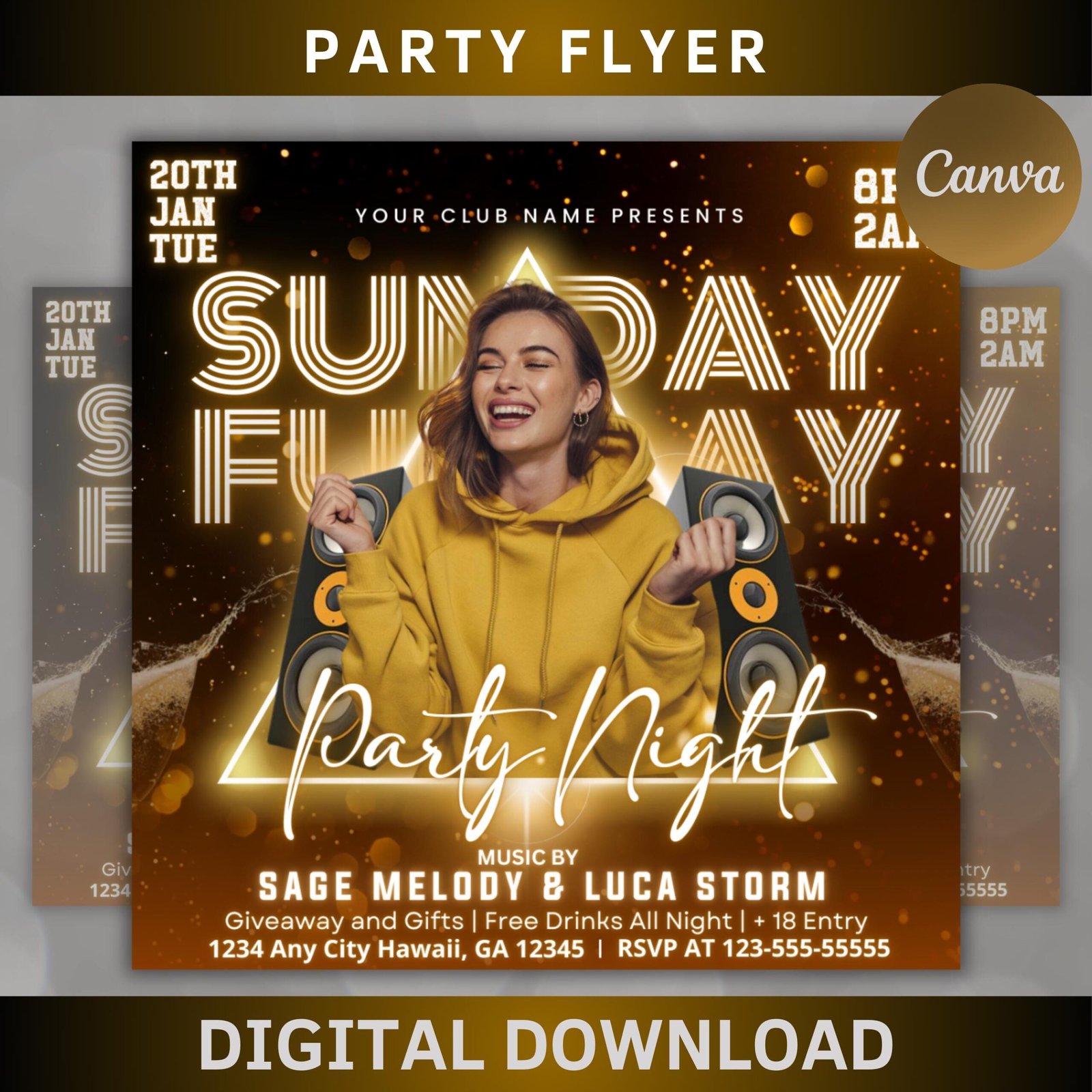 Sunday party flyer, club party flyer, sunday funday night club flyer template, diy event party flyer, canva template, editable