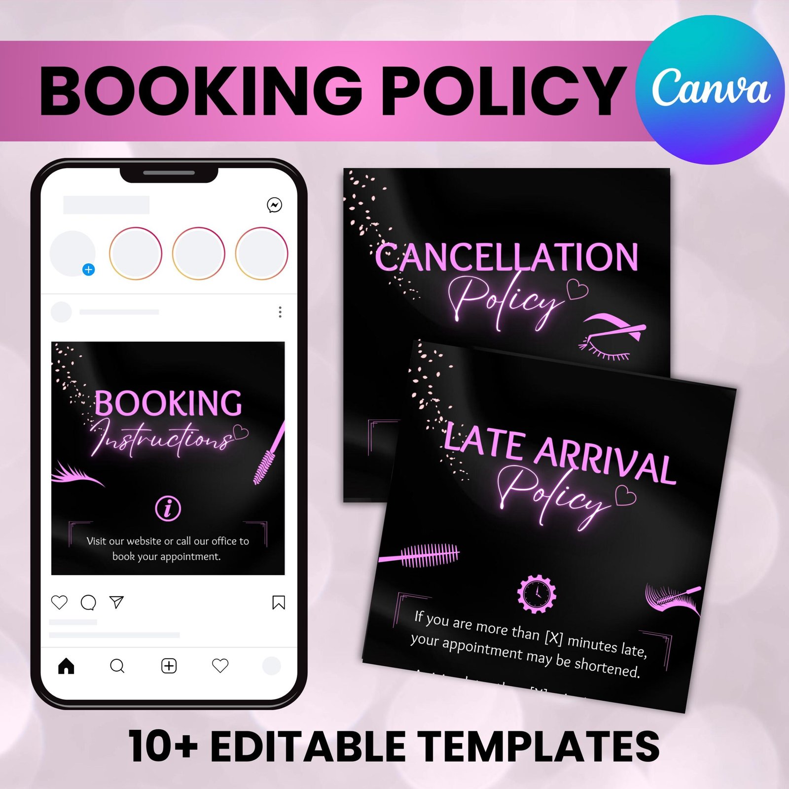 Lash Tech booking Policy Instagram Template Terms And ConditionsTemplate, Payment refund  Cancellation Policy, Booking Policy Canva Template