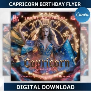 Capricorn Birthday Flyer, Birthday Girl, Happy Birthday Flyer, Capricorn Season, Capricorn Party, Celebration Flyer, Canva Editable