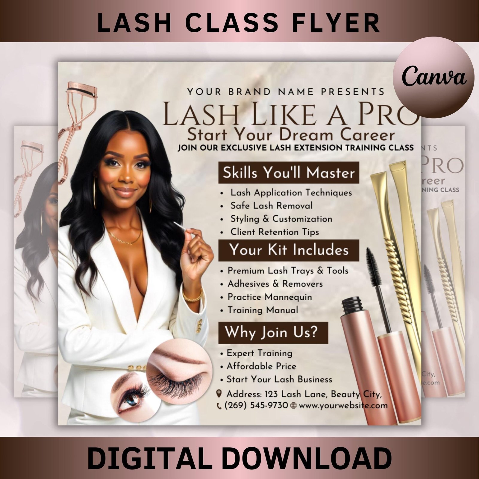 Lash class flyer set | course flyer | lash training course | book now training | lash extension flyer | beauty class flyer | edit in canva