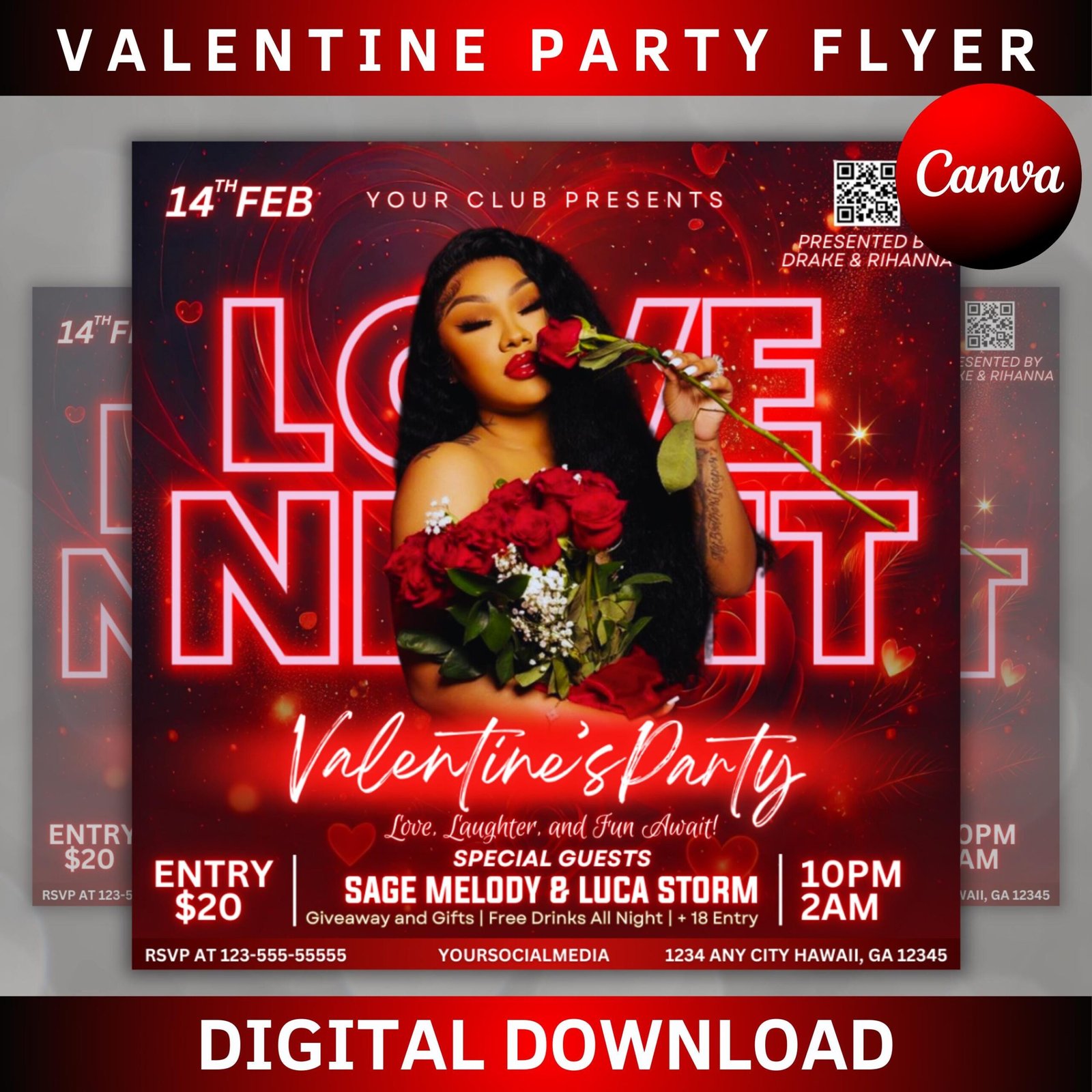Valentines day party flyer, valentines day flyer, valentines flyer, valentines invite, valentine's nightclub flyer, valentines party invite