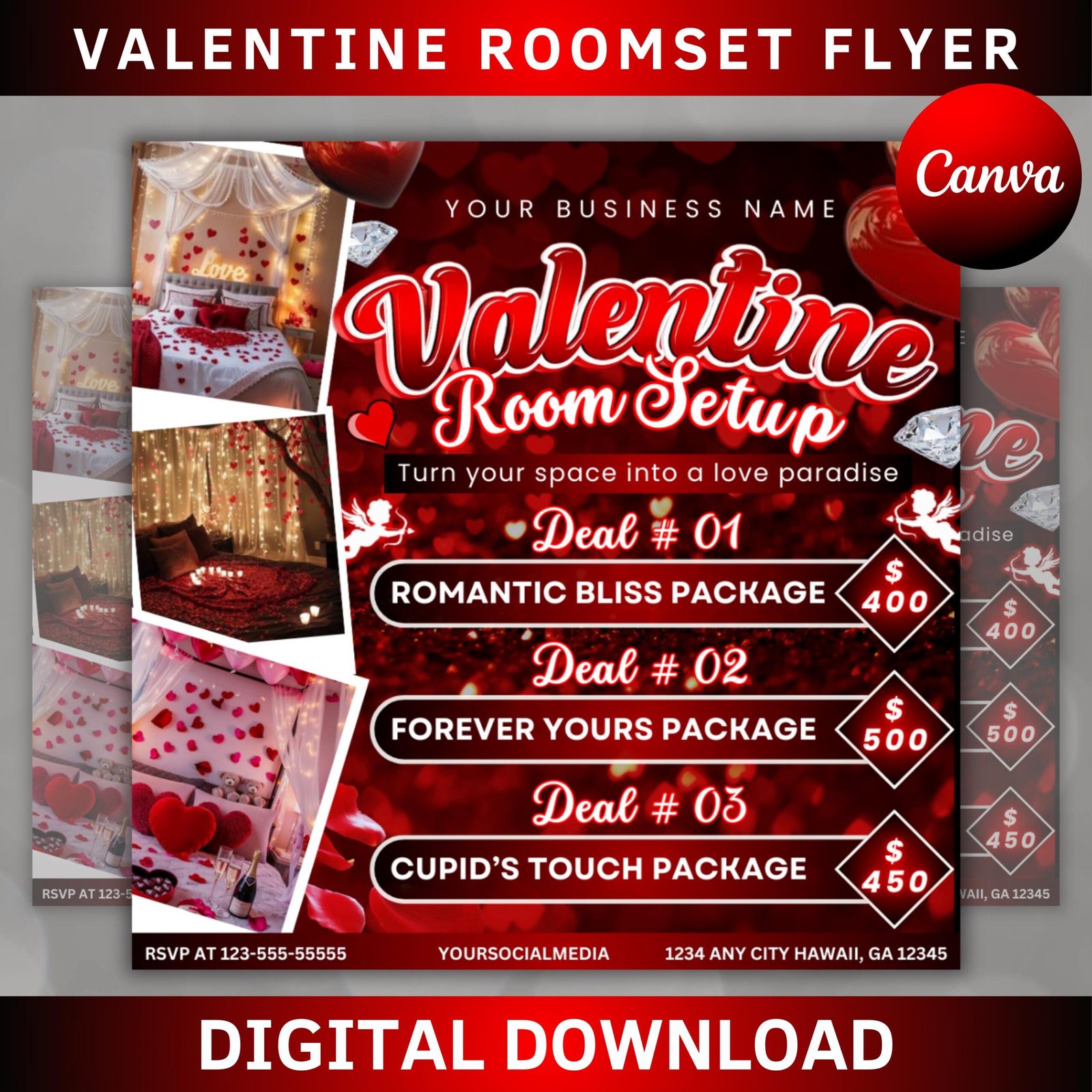 Room setup valentines booking flyer, valentine room setup flyer, valentines day flyer, room decoration flyer,hotel book flyer,canva template