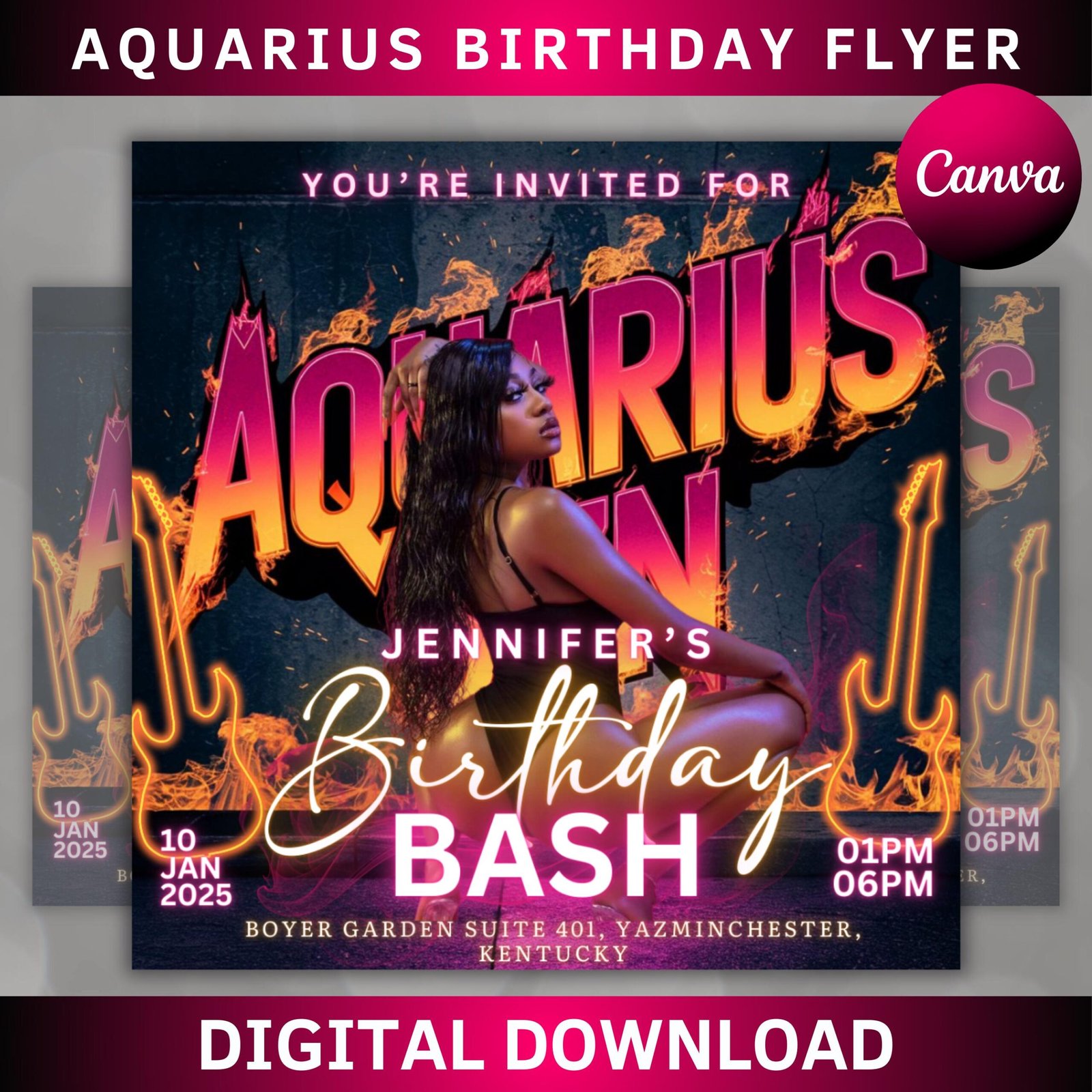 Aquarius Birthday Flyer, Aquarius Bash Flyer, Birthday flyer, Birthday Girl, Party Flyer, Celebration Flyer, Birthday Event, Canva Template