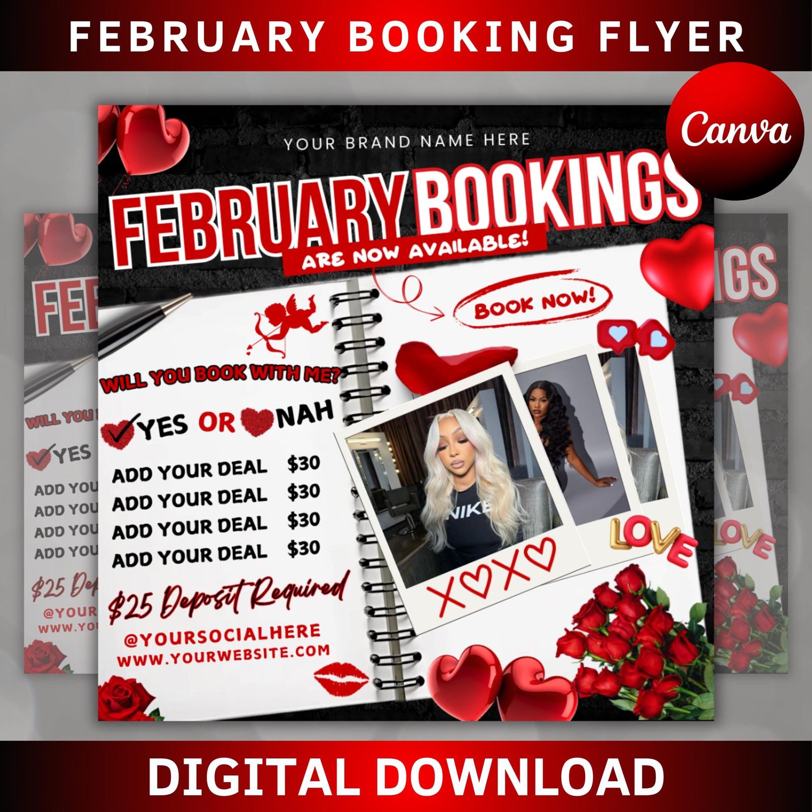 February bookings flyer, valentines day flyer, valentines day sale flyer, february bookings now open hair flyer, lash flyer, nail flyer