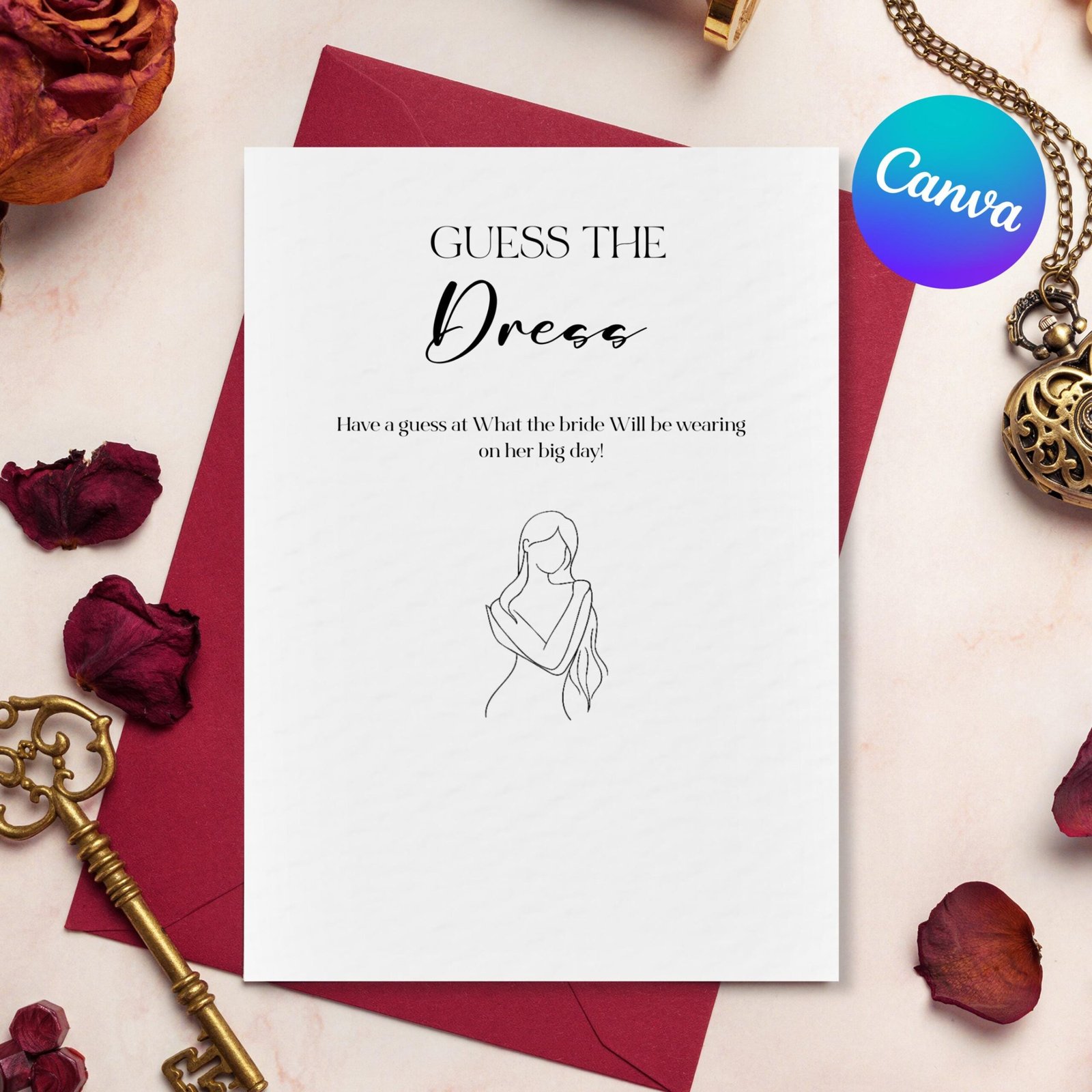 Guess the dress bridal shower game, bridal shower party games, wedding dress game, printable, canva template