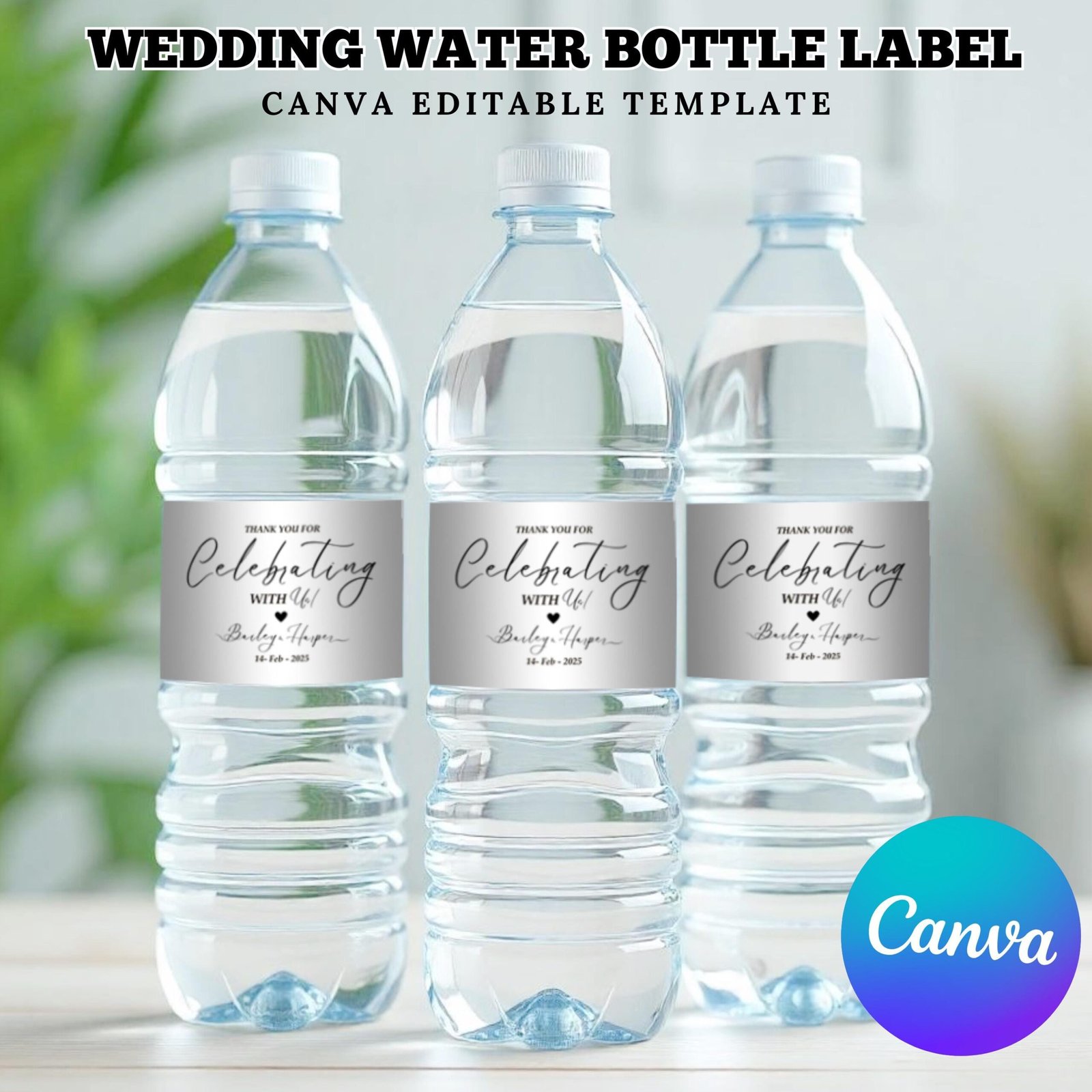 Wedding Water Bottle Label, Printable Wedding Water Bottle Stickers, Minimalist Wedding Sticker, Canva Editable Template, Instant Download