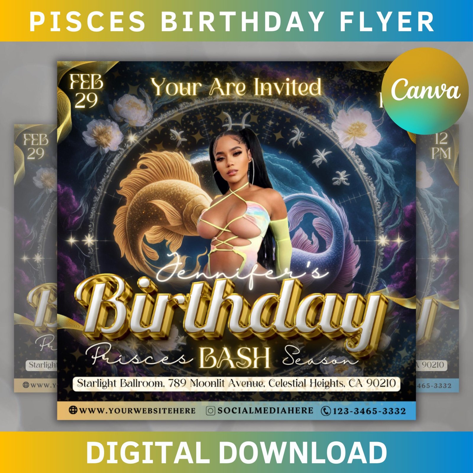 Pisces birthday flyer, pisces flyer, birthday flyer, pisces bash flyer, bday flyer, birthday event, invitation flyer, canva template