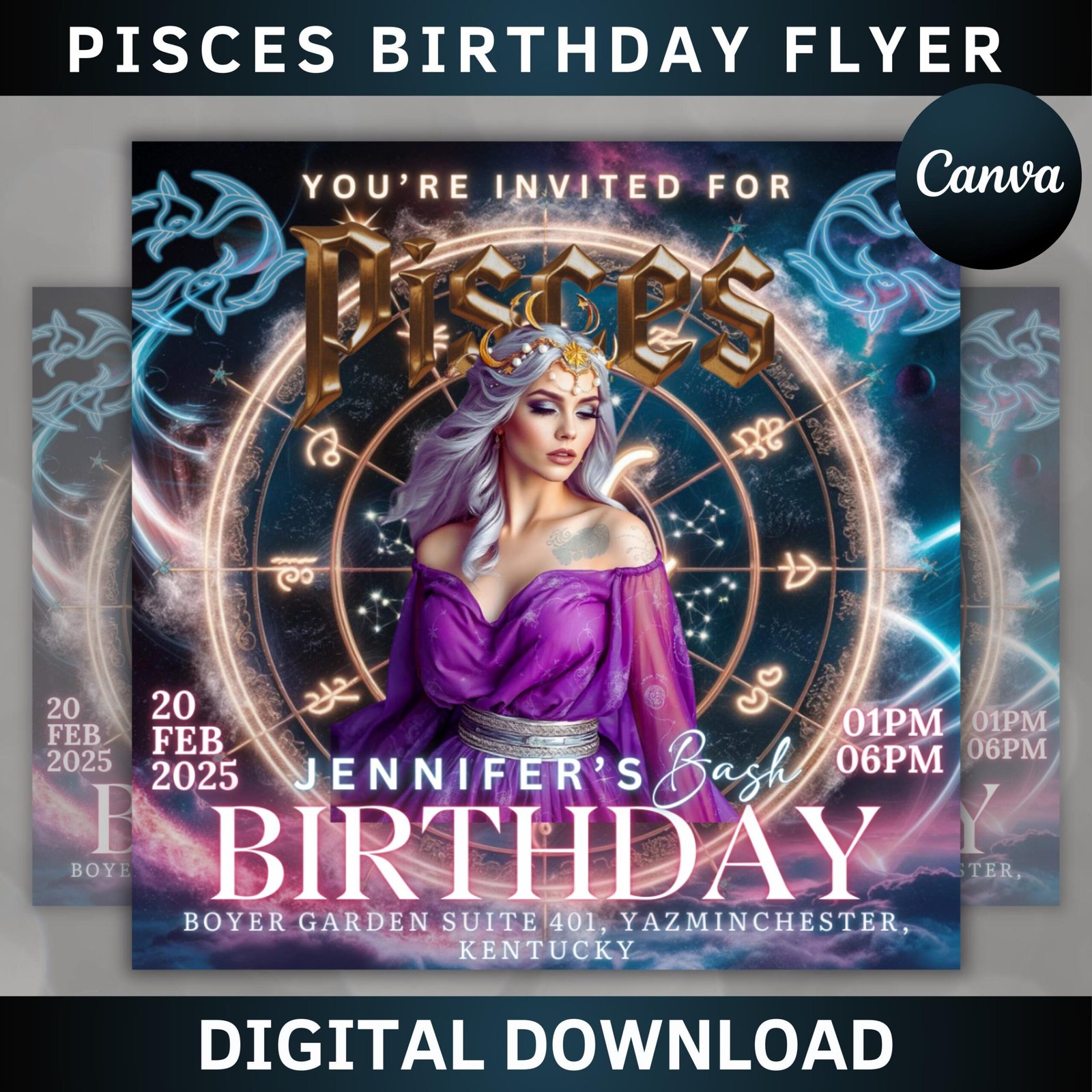 Pisces birthday flyer, pisces flyer, birthday flyer, pisces bash flyer, bday flyer, birthday event, invitation flyer, canva template