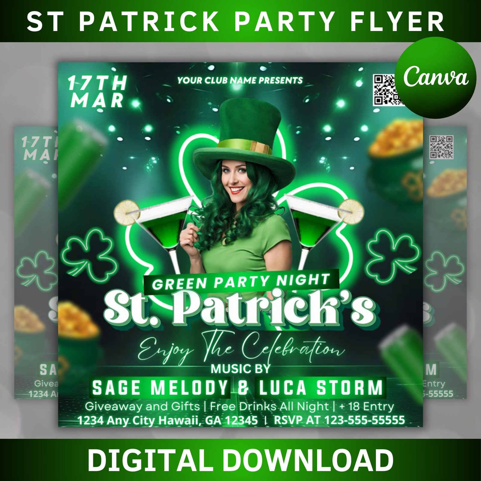 Saint Patrick's Day Party Flyer, St Patrick's Day Invitation, St Patrick's Nightclub Flyer, Saint Patrick's Celebration Flyer Canva Editable