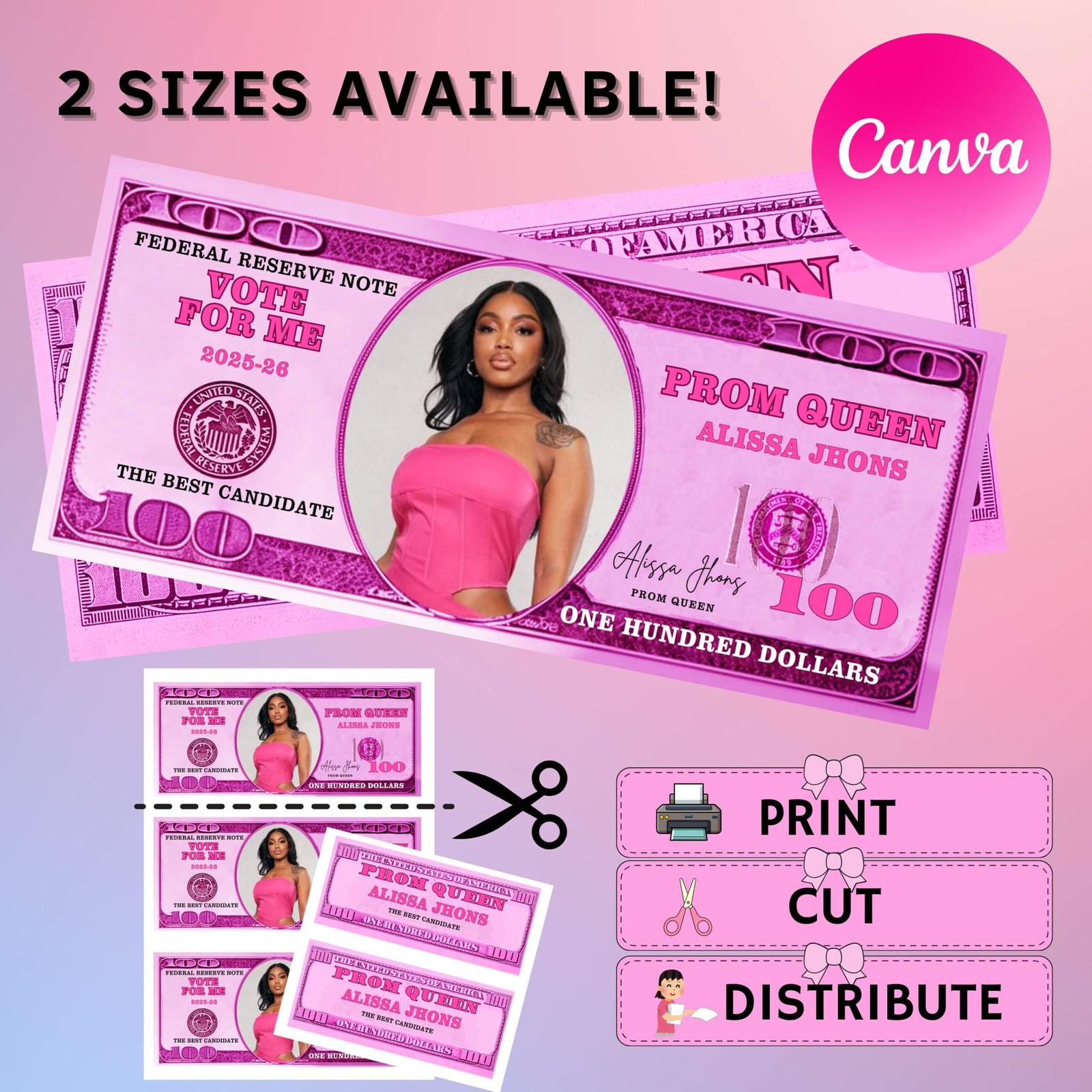 Prom campaign money, homecoming money, editable fake money, homecoming 100 bill, money vote for me, election, campaign canva template