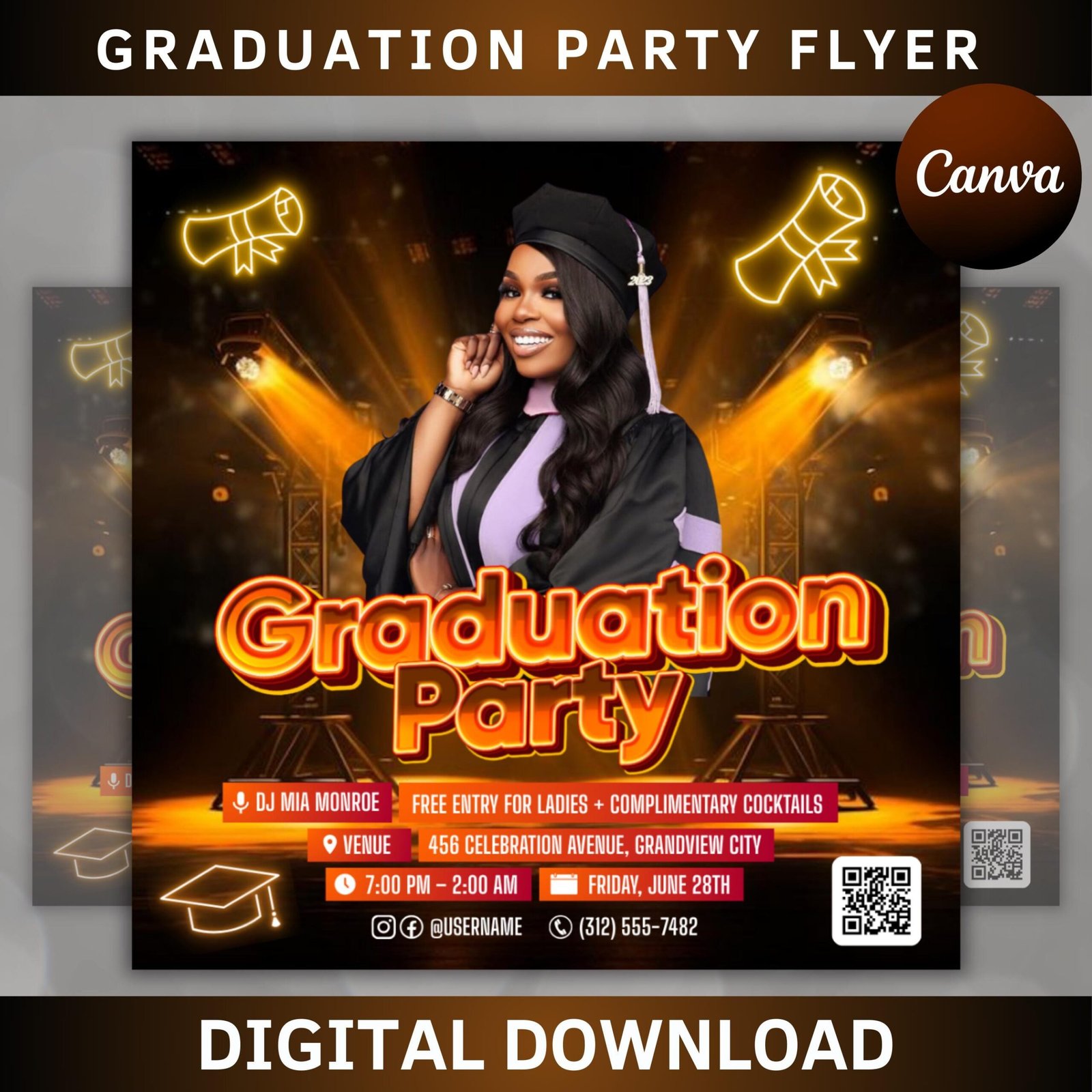 Graduation party flyer, grad party invite, class of 2025, graduate invitation, grad night club flyer, diy flyer template grad canva template