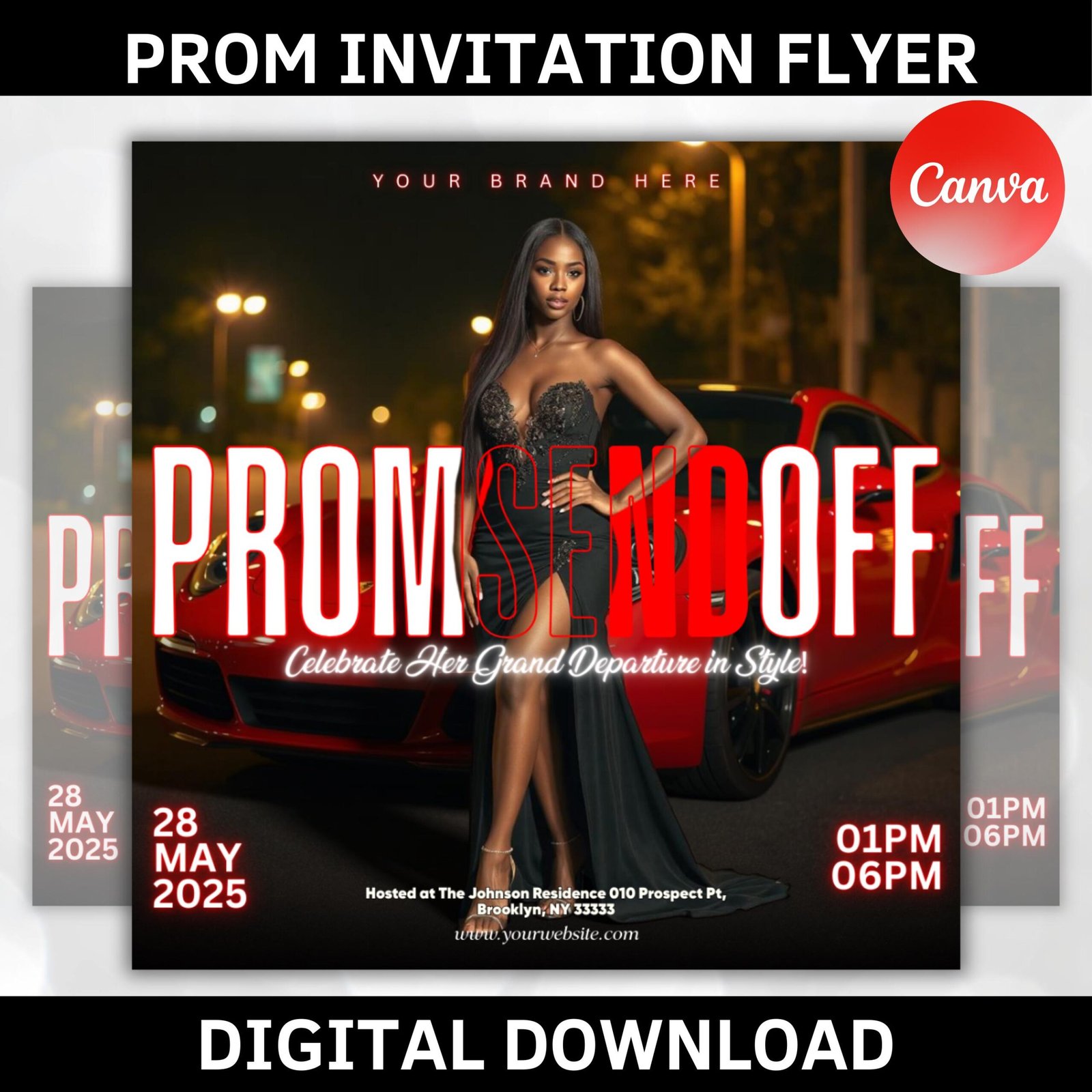 Prom invitation, prom send off flyer, prom invitation flyer, prom flyer, prom sale flyer, prom party invite, editable template in canva