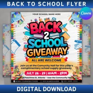 Back To School Flyer Giveaway Flyer, Back to school Supplies flyer, DIY canva template, Back 2 School Flyer, Giveaway Special Flyer Canva