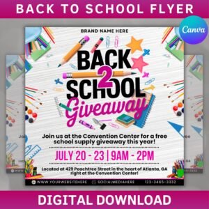 Back To School Flyer Giveaway Flyer, Back to school Supplies flyer, DIY canva template, Back 2 School Flyer, Giveaway Special Flyer Canva