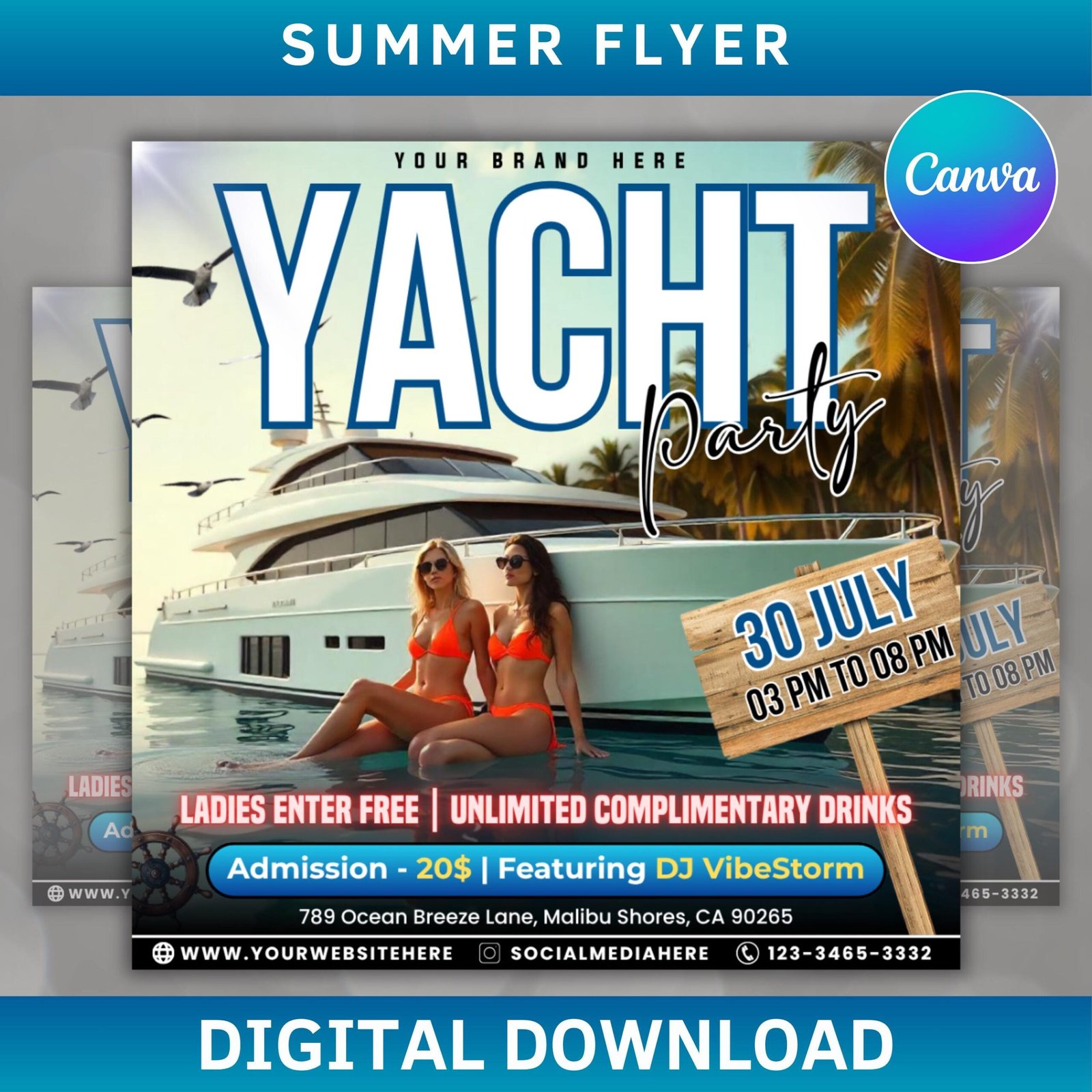 Yacht Party Flyer, Summer Party Flyer, Summer Beach Party Flyer, Dj Party Invitation, Summer Break Flyer, Summer Event Flyer, Canva Editable
