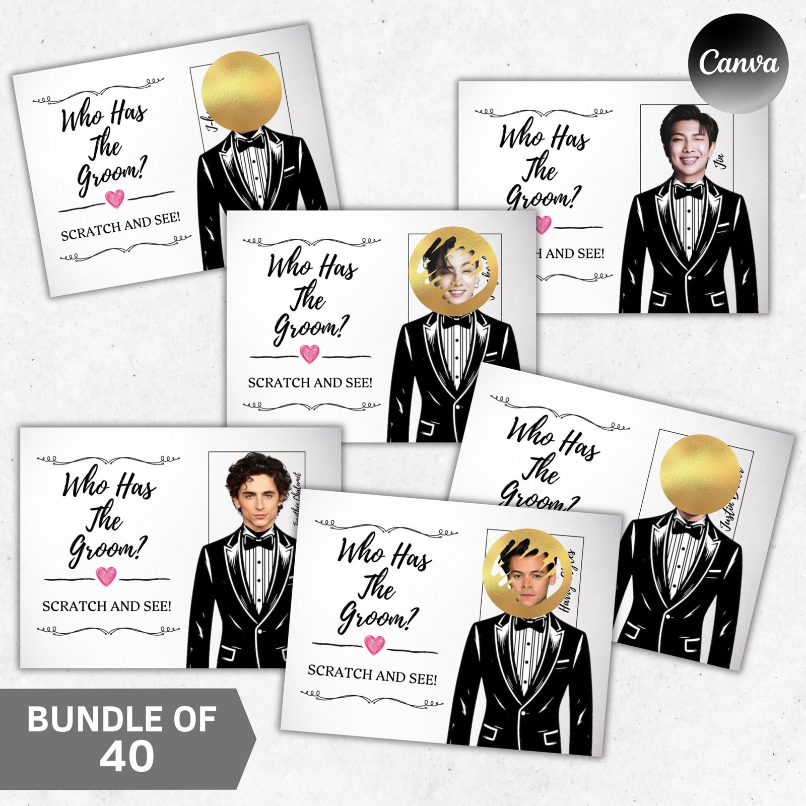 Printable celebrity who has the groom? bachelorette party groom, groom scratch off game, bridal shower game, canva template digital download