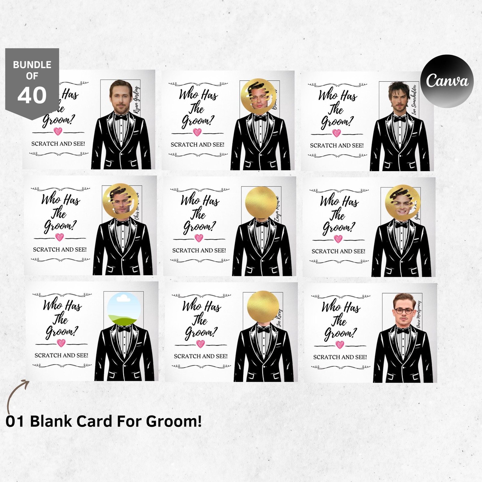 Printable celebrity who has the groom? bachelorette party groom, groom scratch off game, bridal shower game, canva template digital download