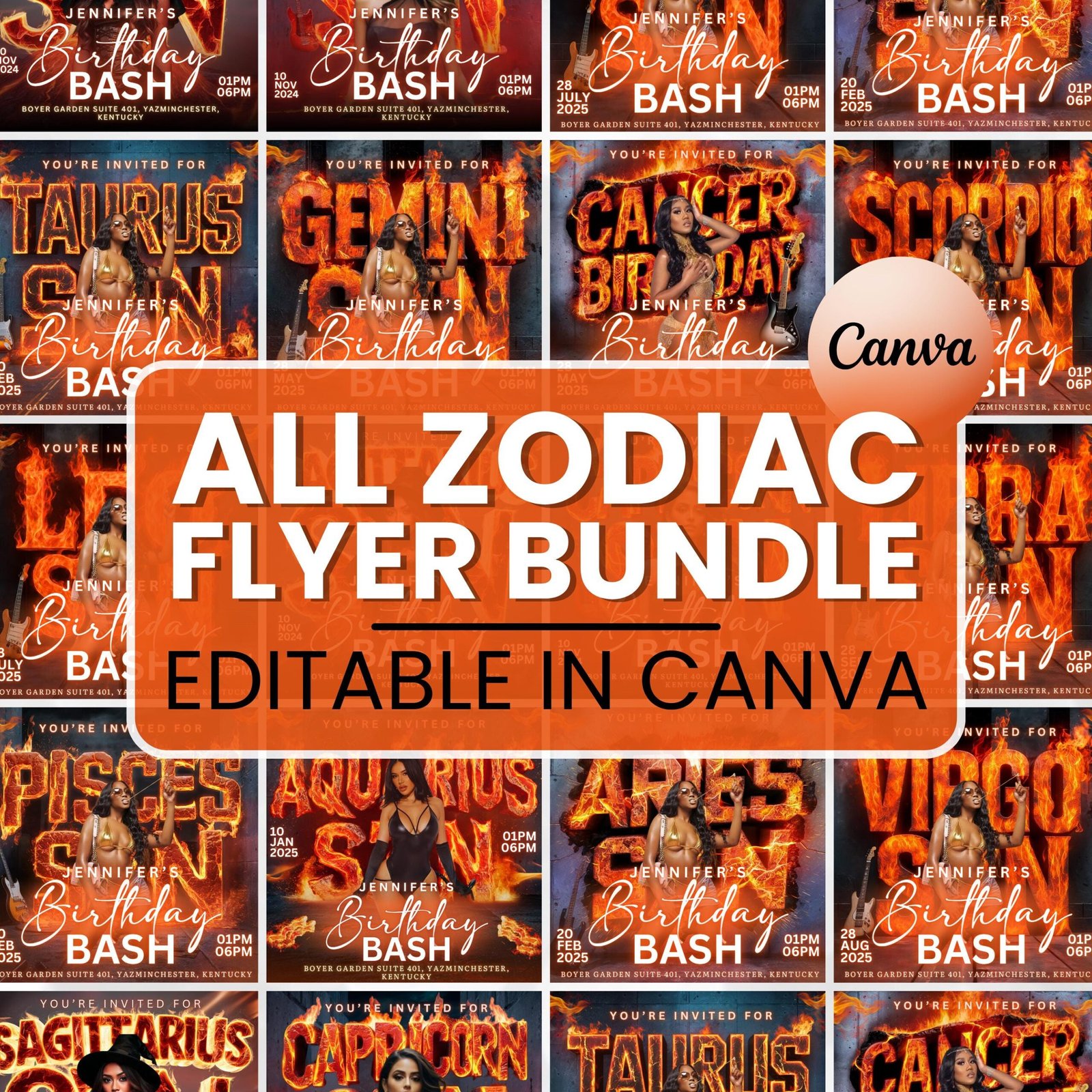 All Zodiac flyer bundle, Leo Birthday Flyer, All Birthday Template, Birthday Girl,Party Flyer bundle Celebration Flyer,Canva Flyer Template