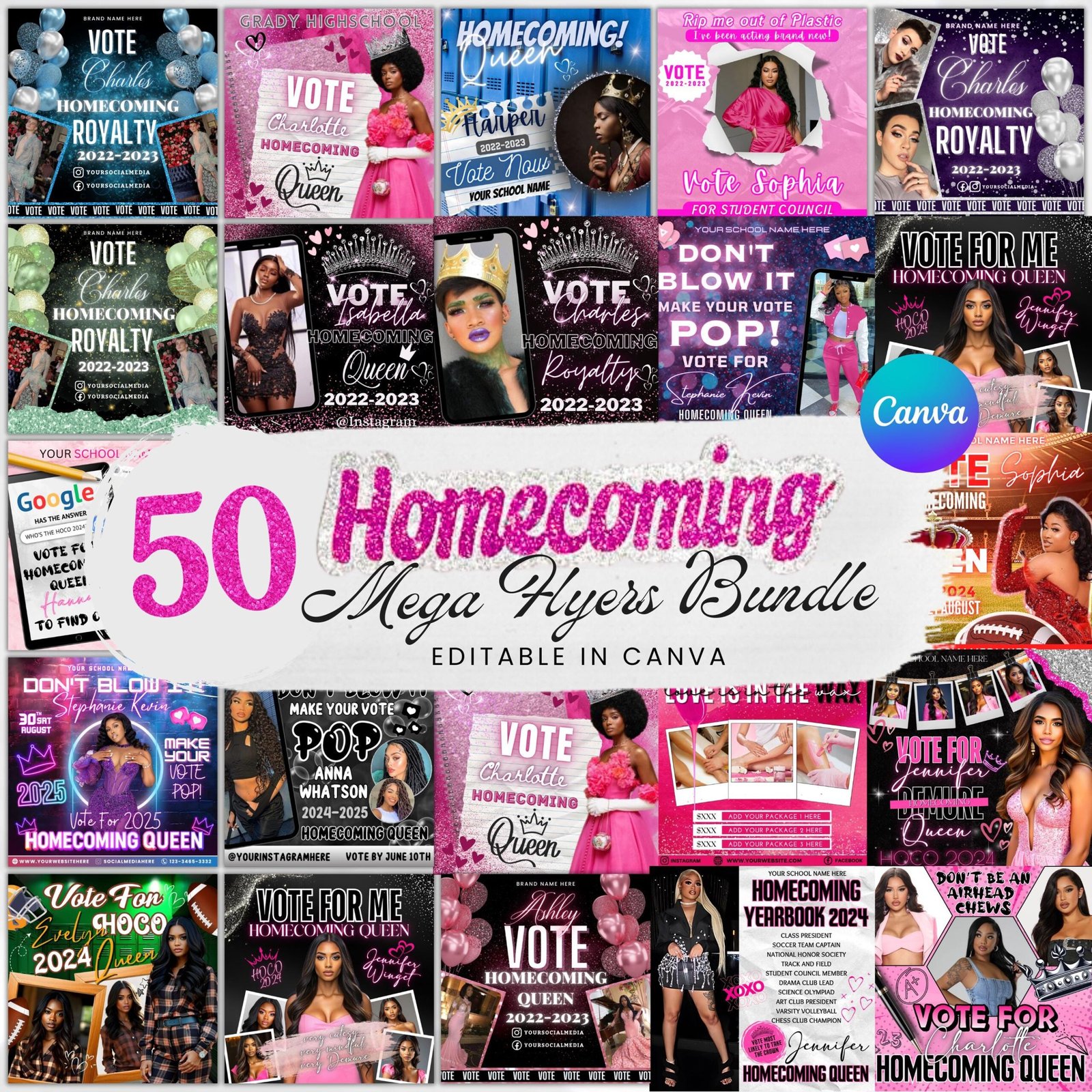 Editable Homecoming Queen Campaign Flyer Bundle, Homecoming Election Campaign Flyer Pack, Vote for Queen Canva Template, Vote for Me flyer